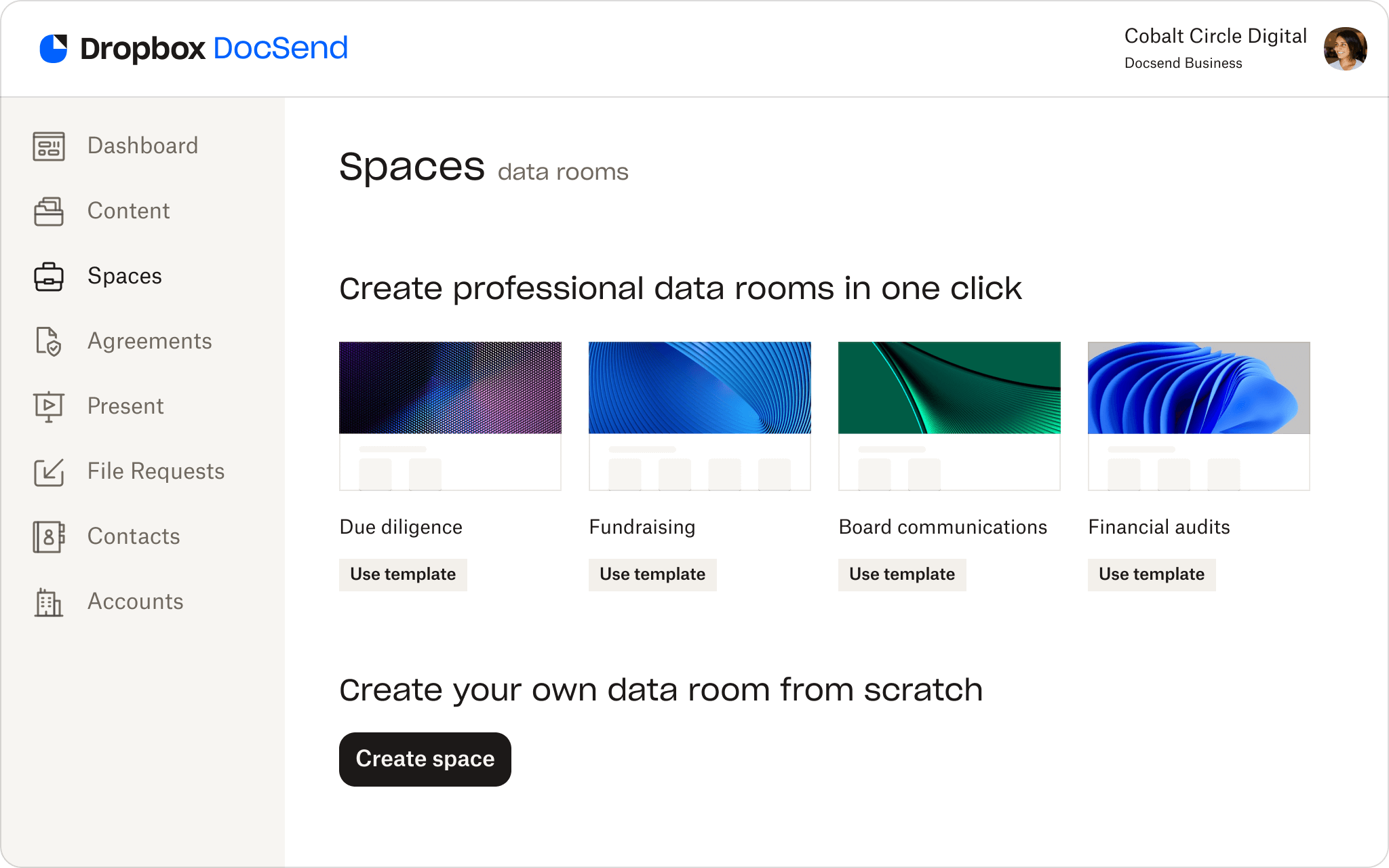 A screenshot of the virtual data room templates available in DocSend.