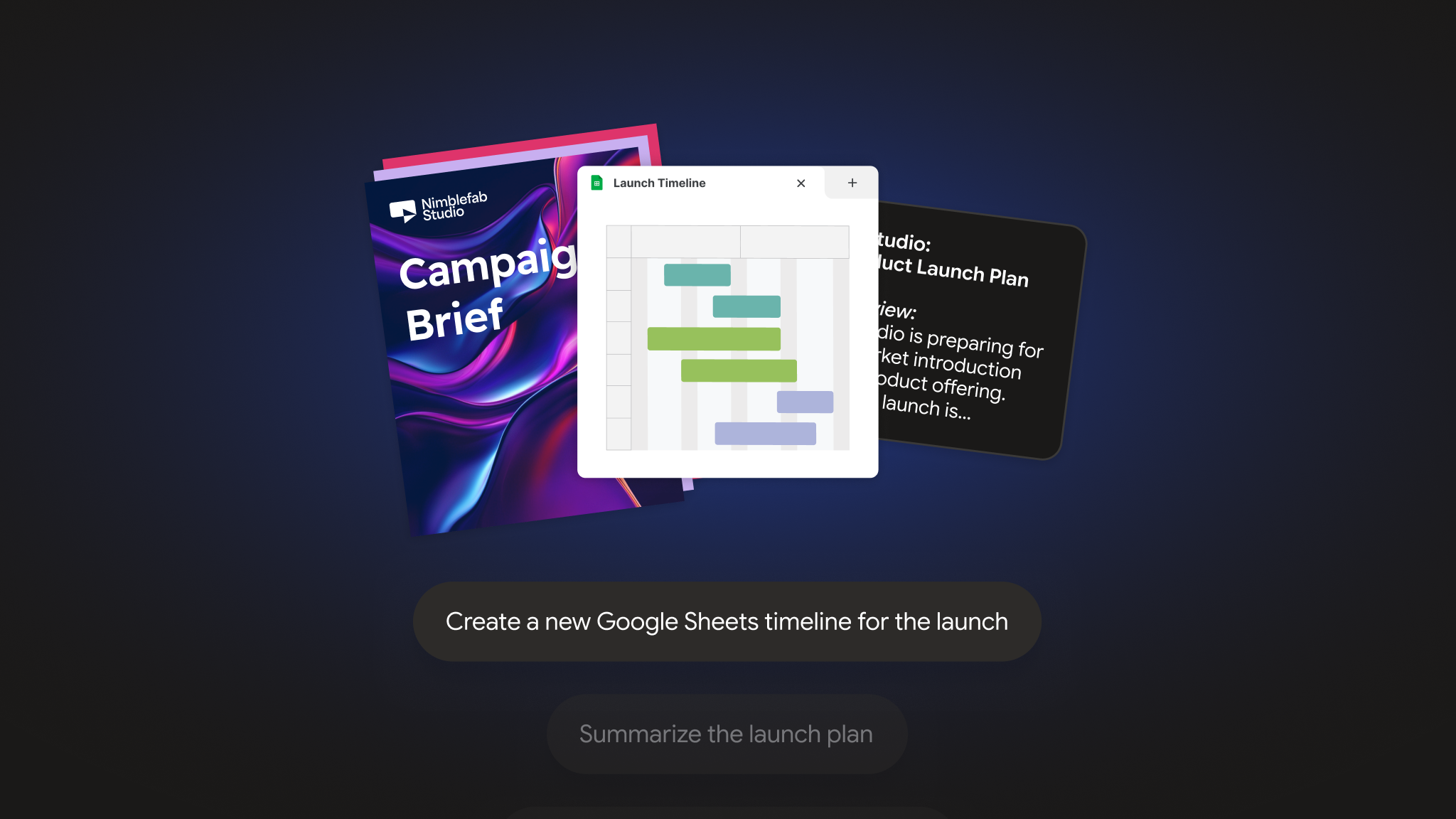 Gemini, connected to Dropbox, creates a Google Sheets timeline from a campaign brief and product launch plan.