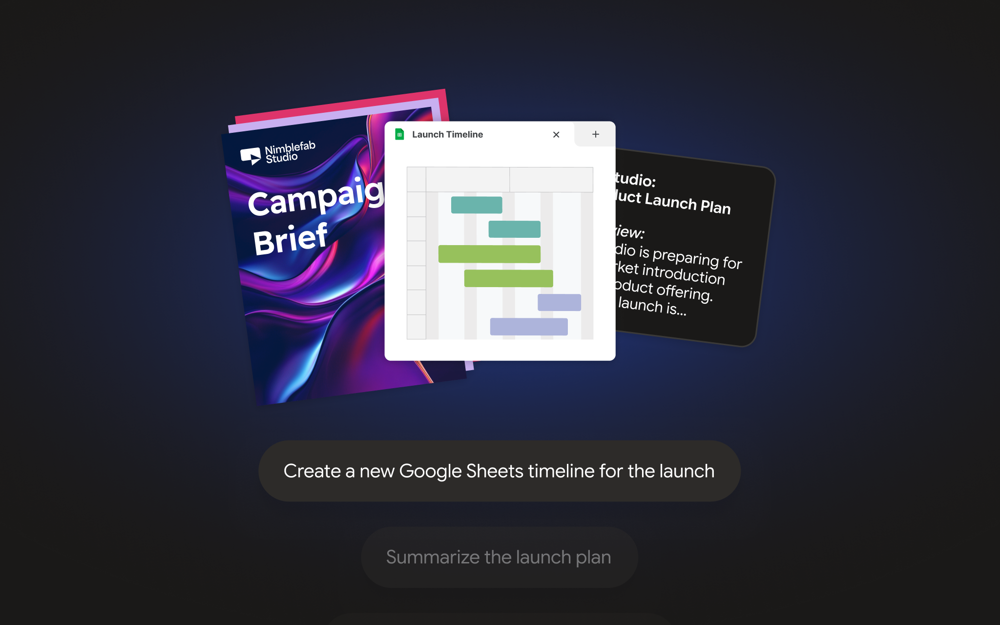 Gemini, connected to Dropbox, creates a Google Sheets timeline from a campaign brief and product launch plan.