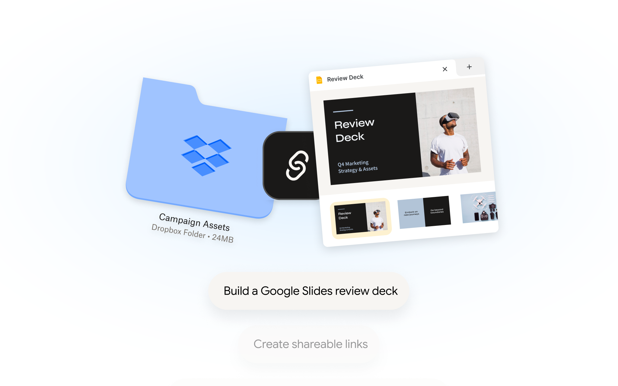 Campaign assets from Dropbox are used to build a Google Slides review deck with Gemini Spark.