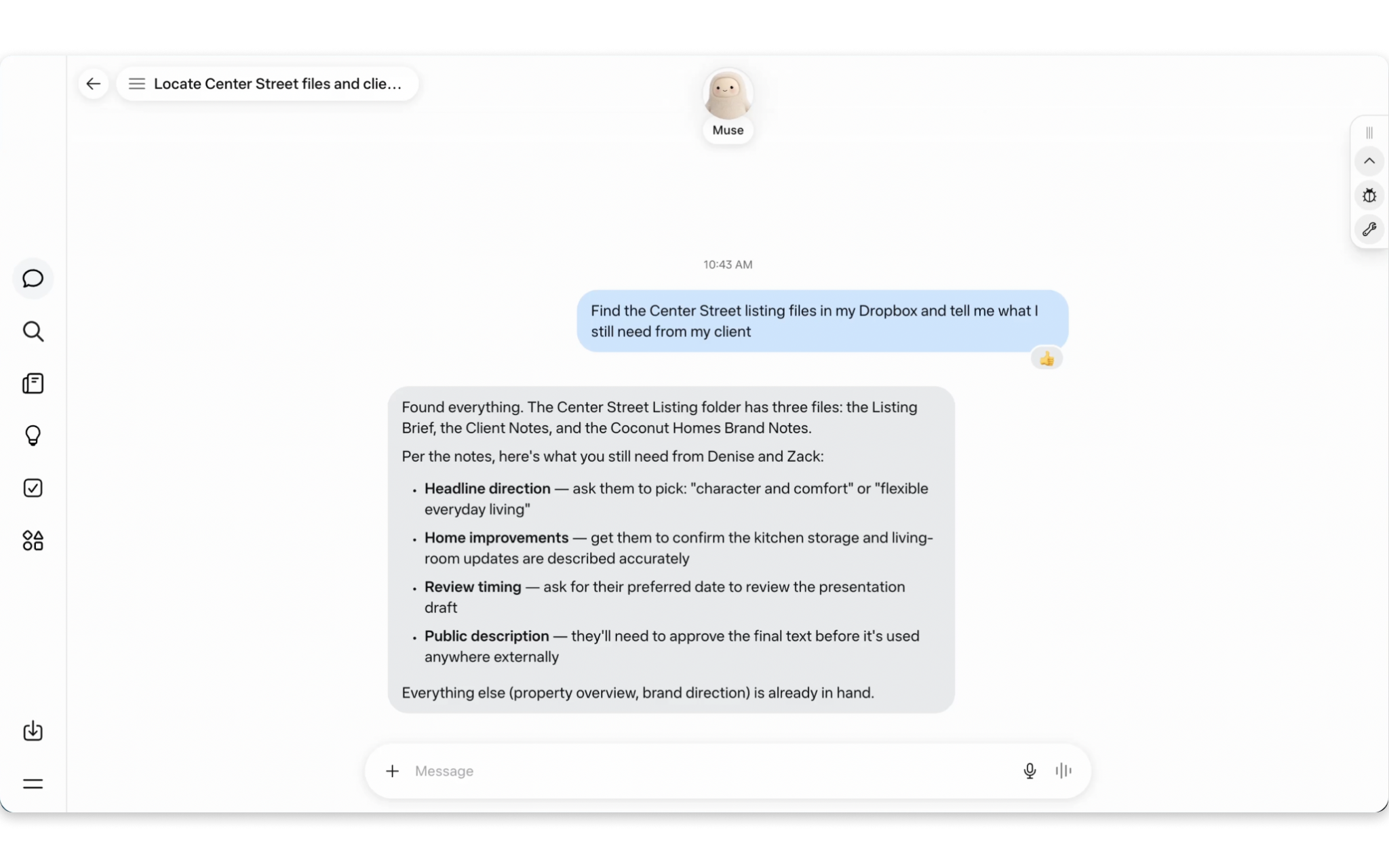 Muse finds Dropbox listing files and summarizes information still needed from the client.