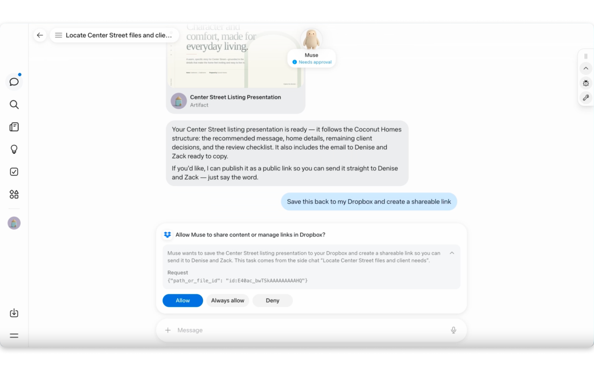 Muse works with Dropbox to create a presentation and generate a shareable link for client review.