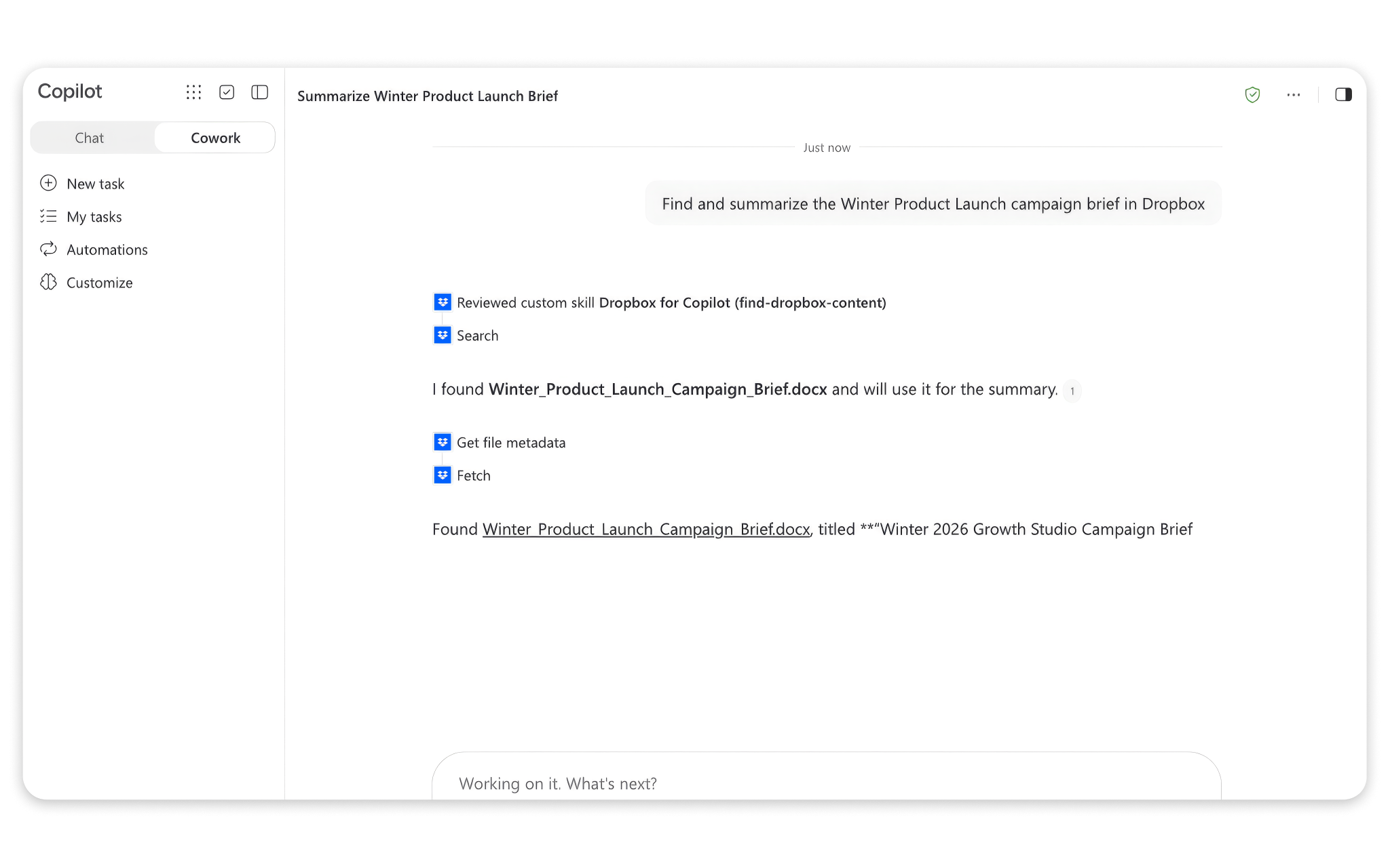 Microsoft Copilot uses Dropbox to find the Winter Product Launch campaign brief for summarization.