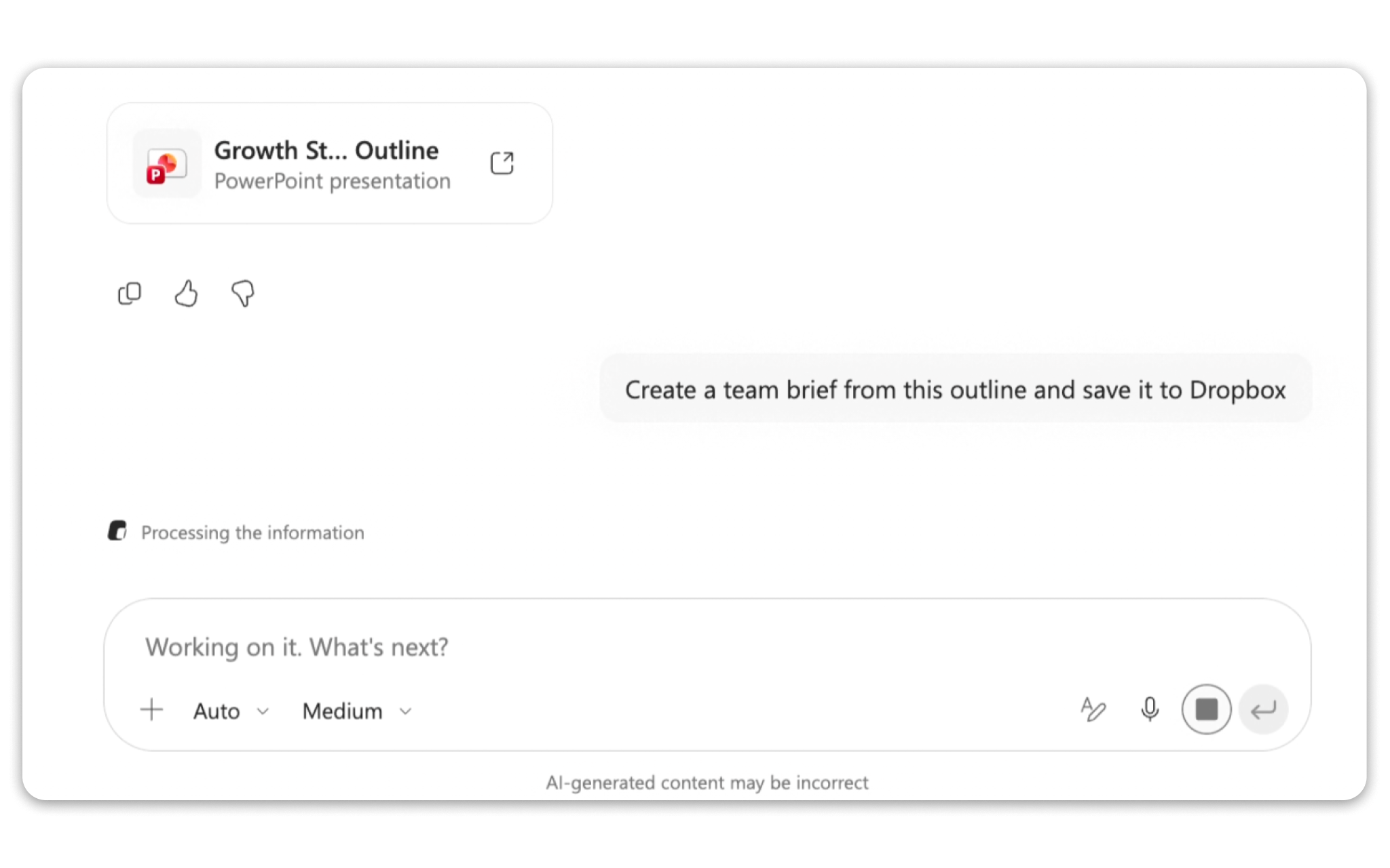 AI assistant prompt asks to find and summarize Winter Product Launch campaign brief in Dropbox
