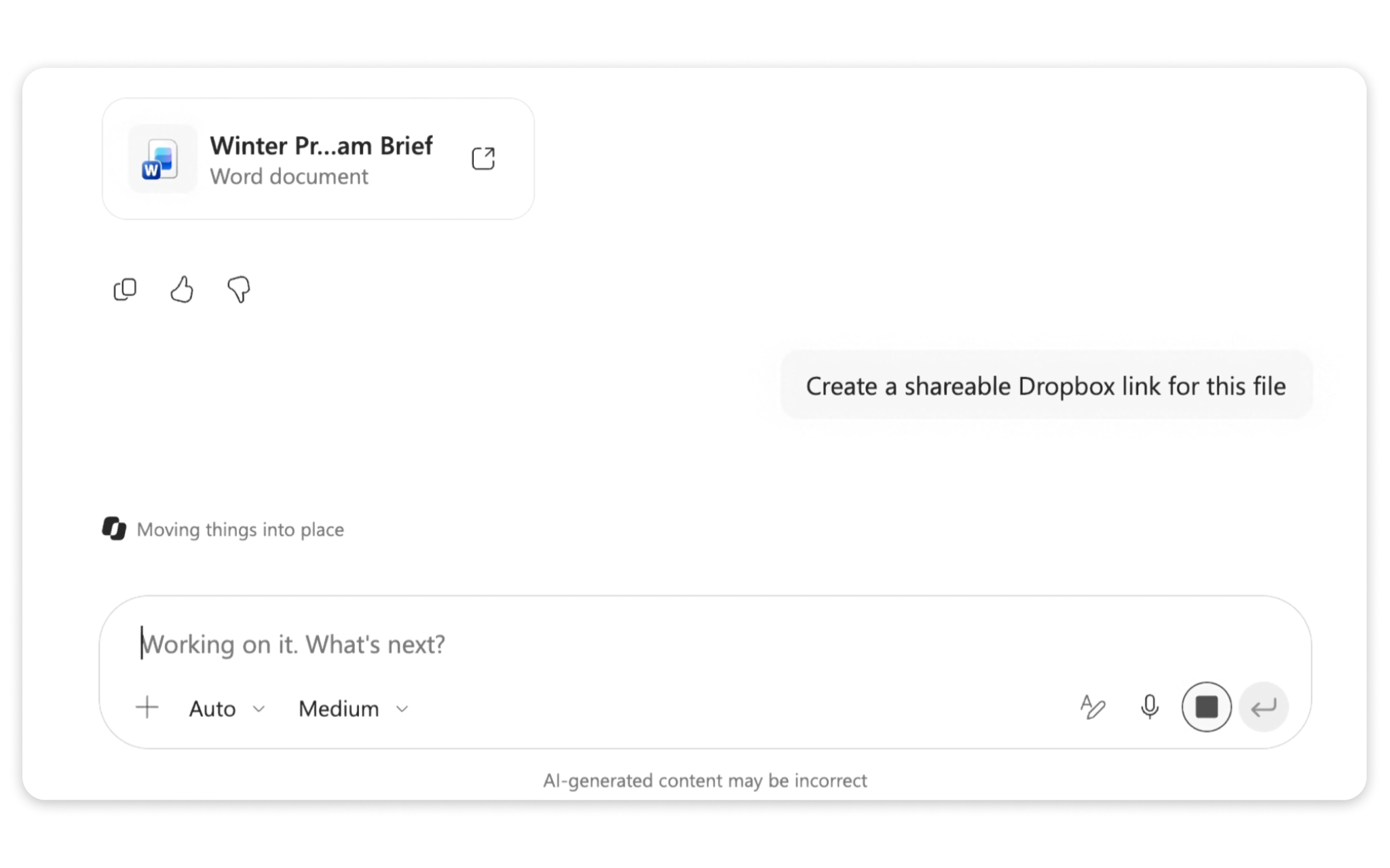 Microsoft Copilot creates a shareable Dropbox link for the Winter Product Launch campaign brief