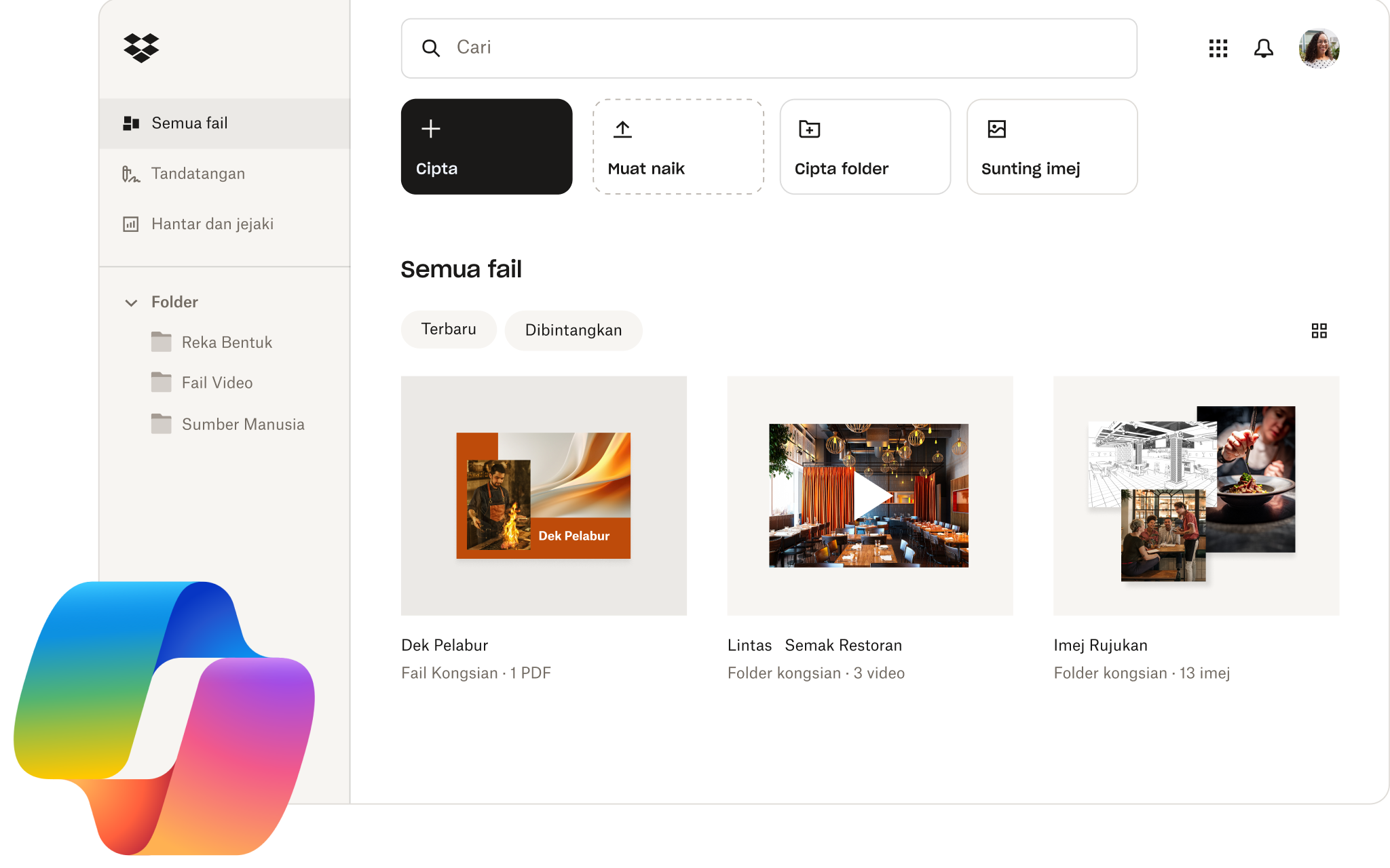 UI papan pemuka Dropbox dengan logo Microsoft Copilot