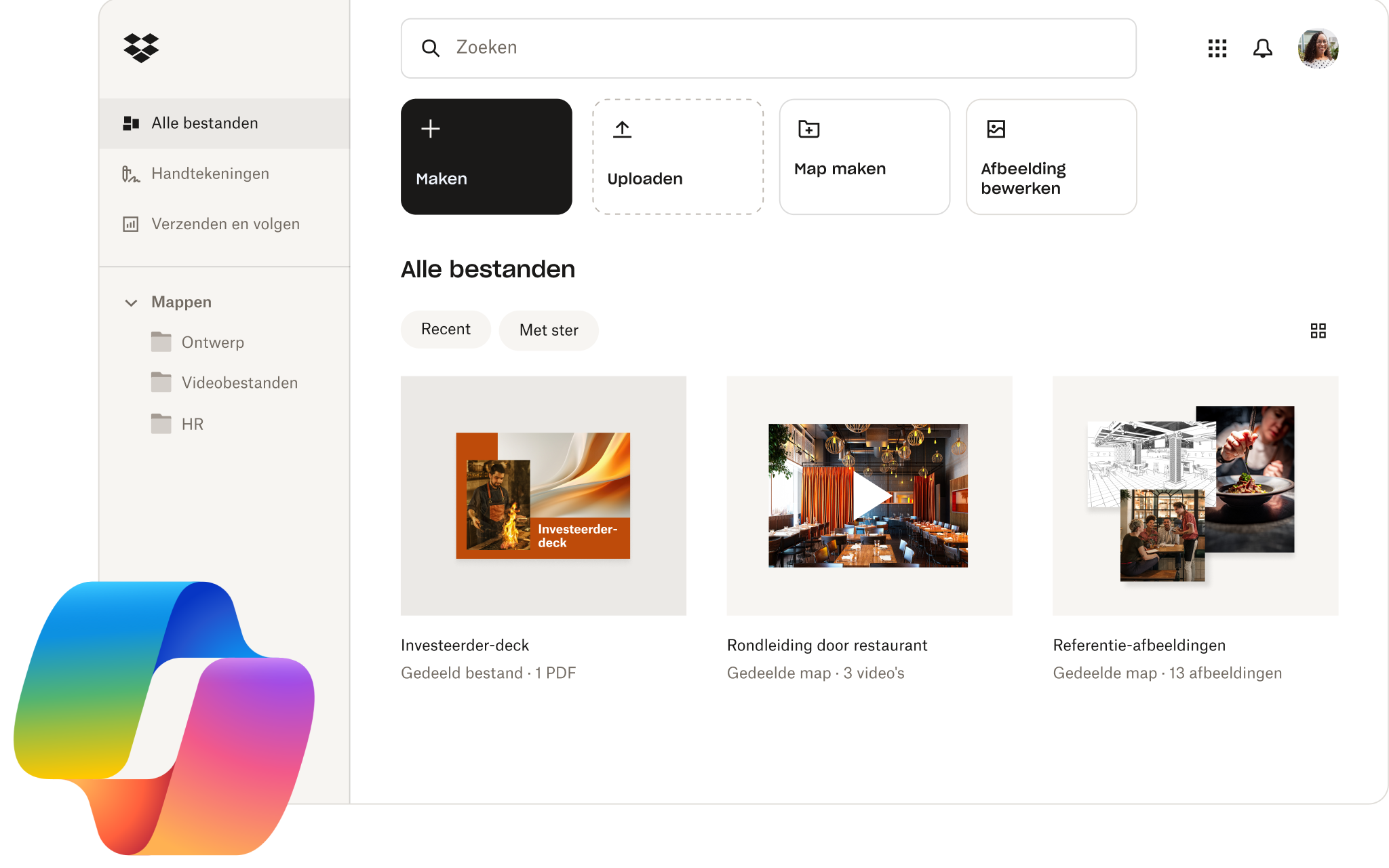 Gebruikersinterface van het Dropbox-dashboard met Microsoft Copilot-logo