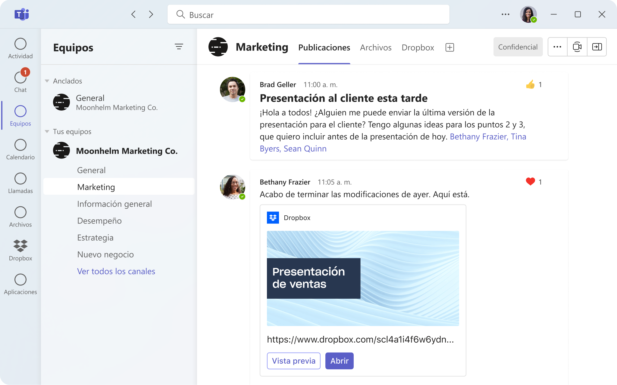Interfaz de Microsoft Teams accediendo a documentos desde carpetas en Dropbox