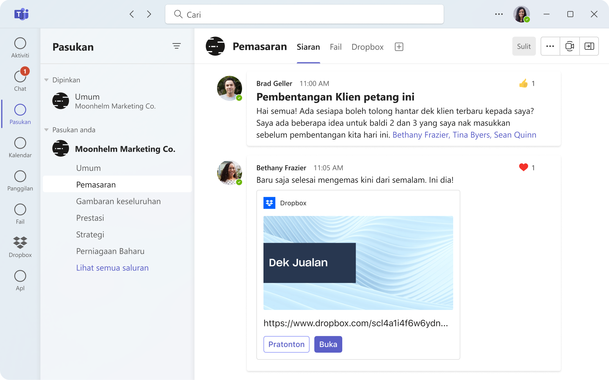 UI Microsoft Teams mengakses dokumen daripada folder dalam Dropbox