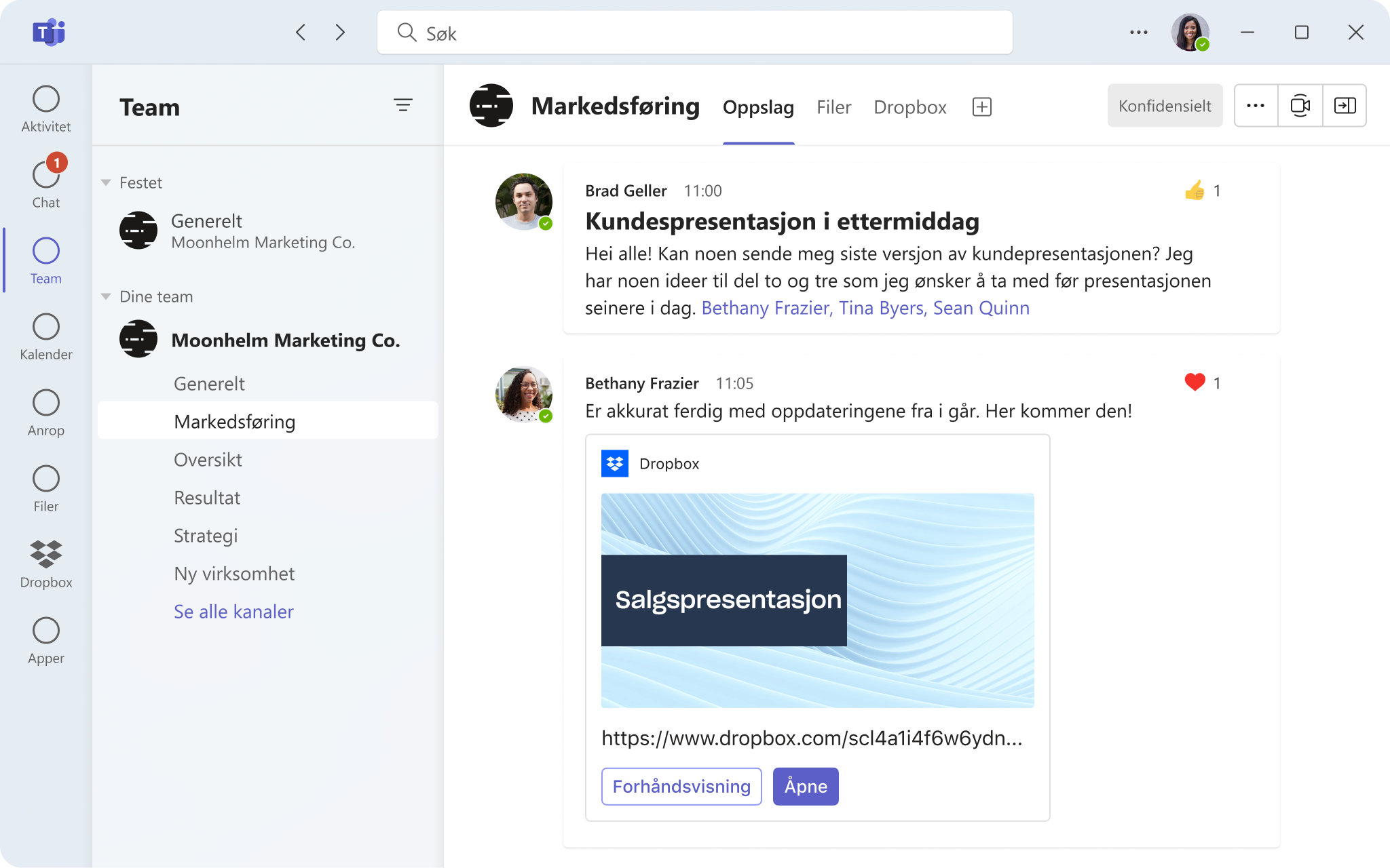 Brukergrensesnitt for tilgang til dokumenter fra mapper i Dropbox via Microsoft Teams