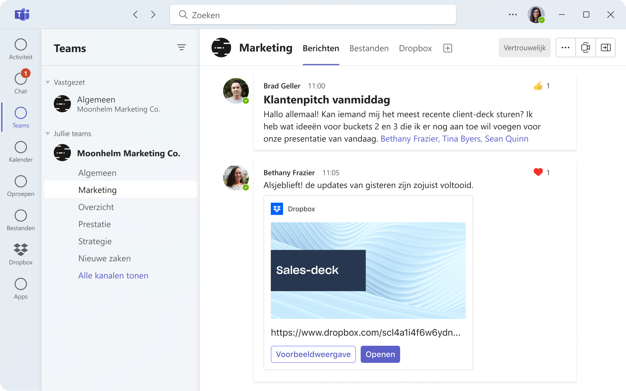 Gebruikersinterface van Microsoft Teams voor toegang tot documenten in mappen in Dropbox