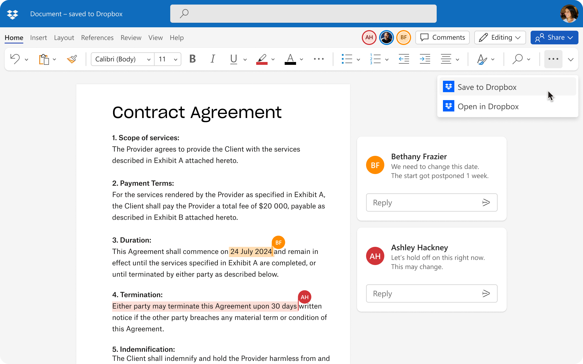 UI of document being edited by multiple people, with option to save changes to Dropbox