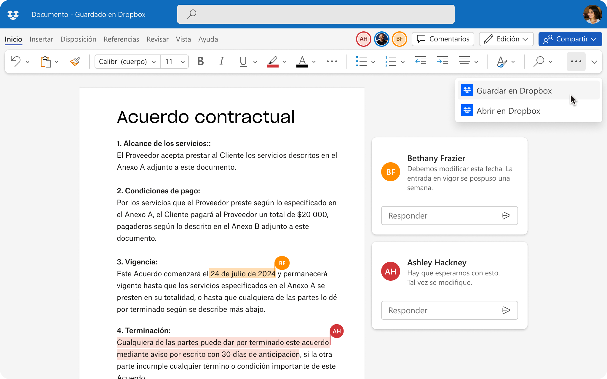 Interfaz de documento editado por varias personas, con la opción de guardar cambios en Dropbox