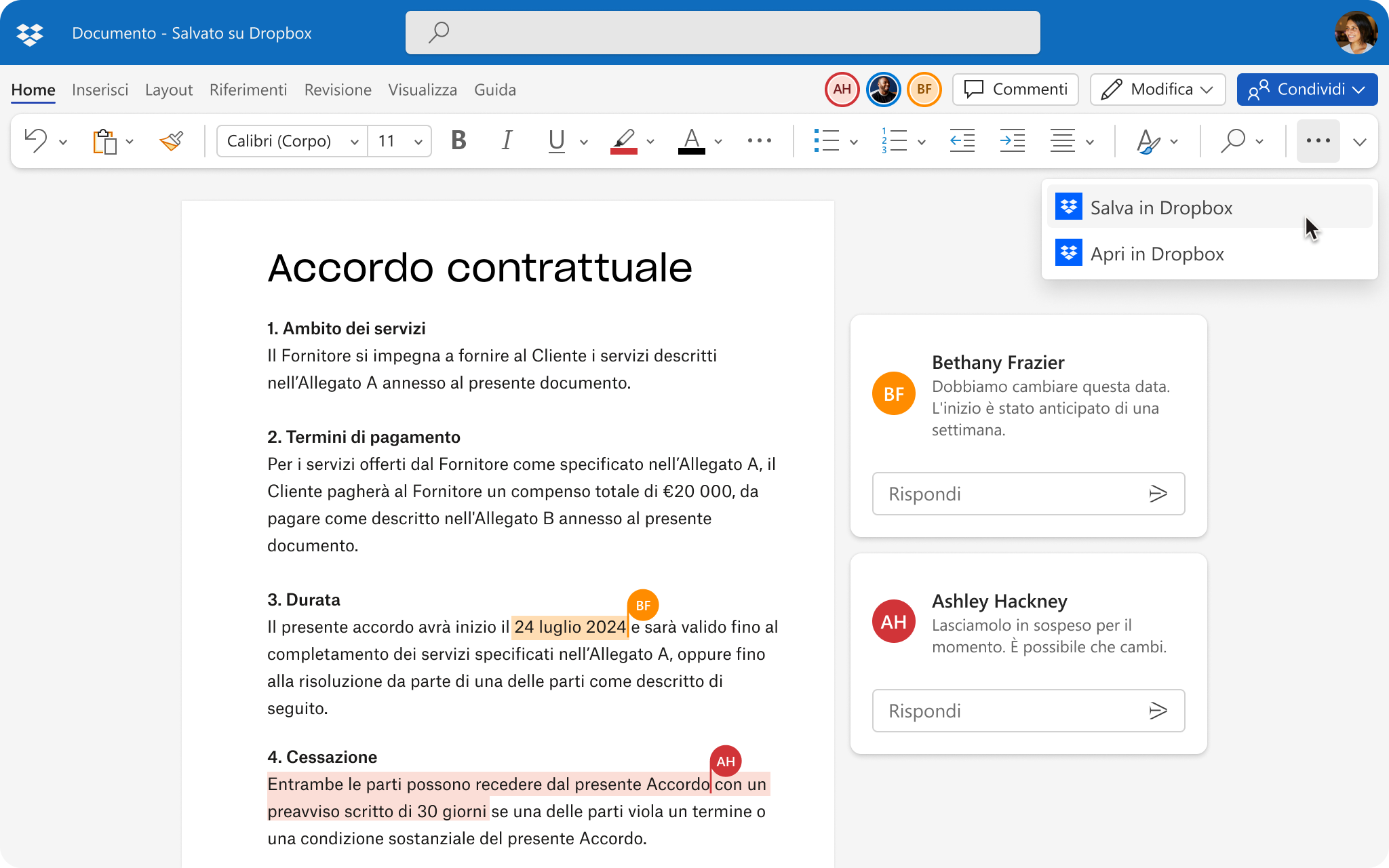 Interfaccia utente di un documento che viene modificato da più persone, con l'opzione per salvare le modifiche su Dropbox