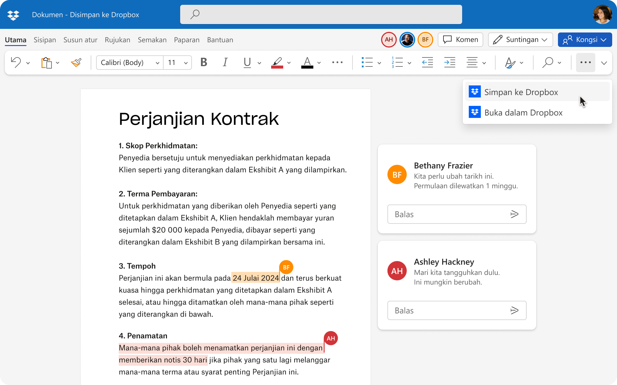 UI dokumen sedang disunting oleh berbilang orang, dengan pilihan untuk menyimpan perubahan pada Dropbox