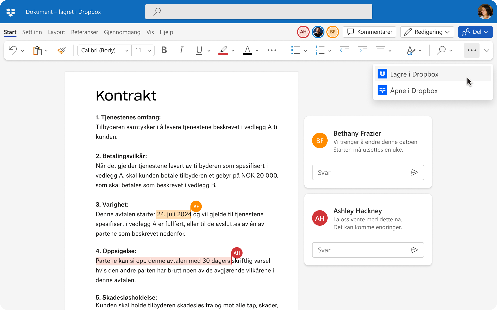 Brukergrensesnitt for dokument som redigeres av flere personer med mulighet til å lagre endringer i Dropbox