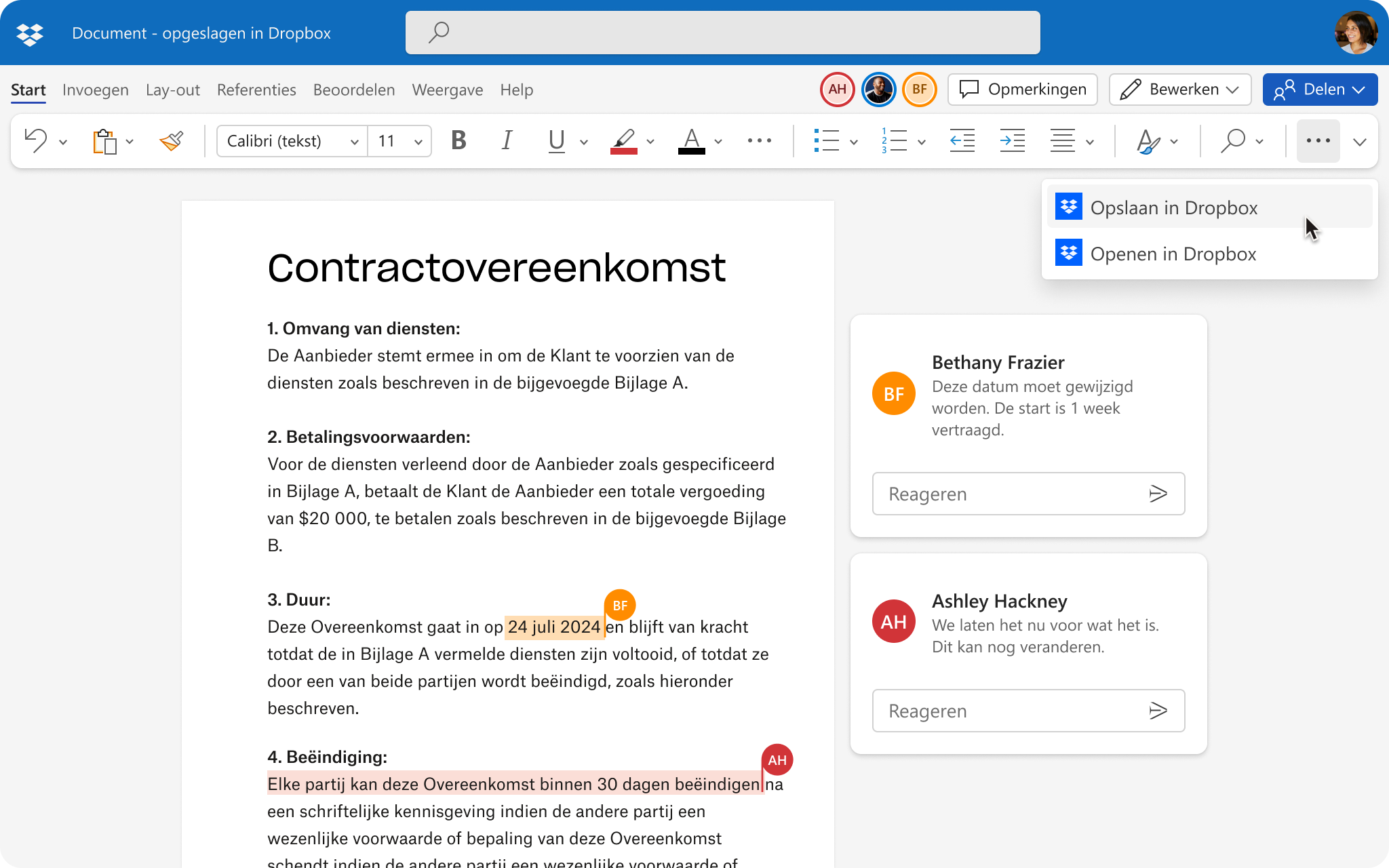 Gebruikersinterface van document dat wordt bewerkt door meerdere mensen, met de optie om wijzigingen op te slaan in Dropbox