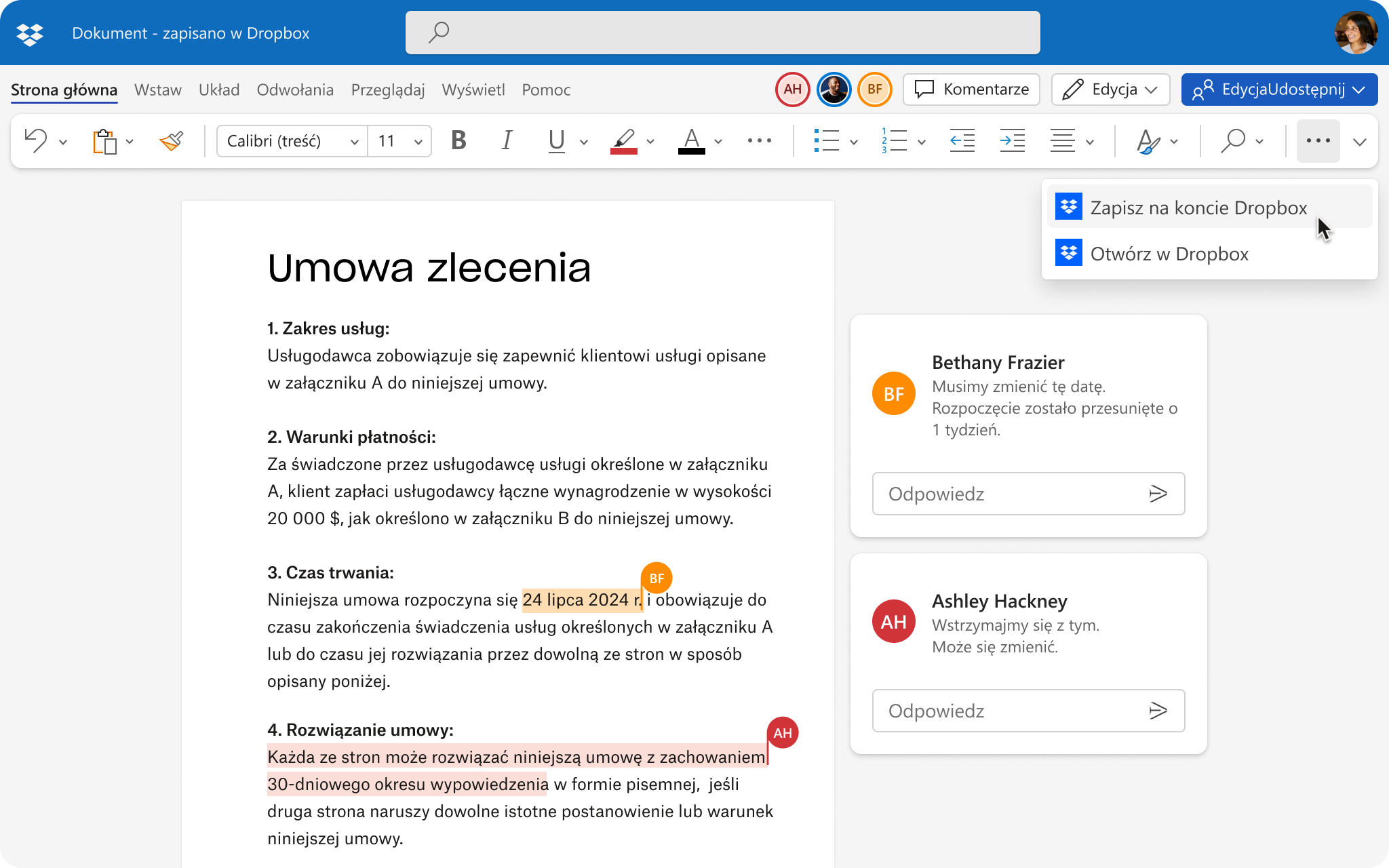 Interfejs użytkownika dokumentu edytowanego przez wiele osób, z możliwością zapisania zmian w Dropbox