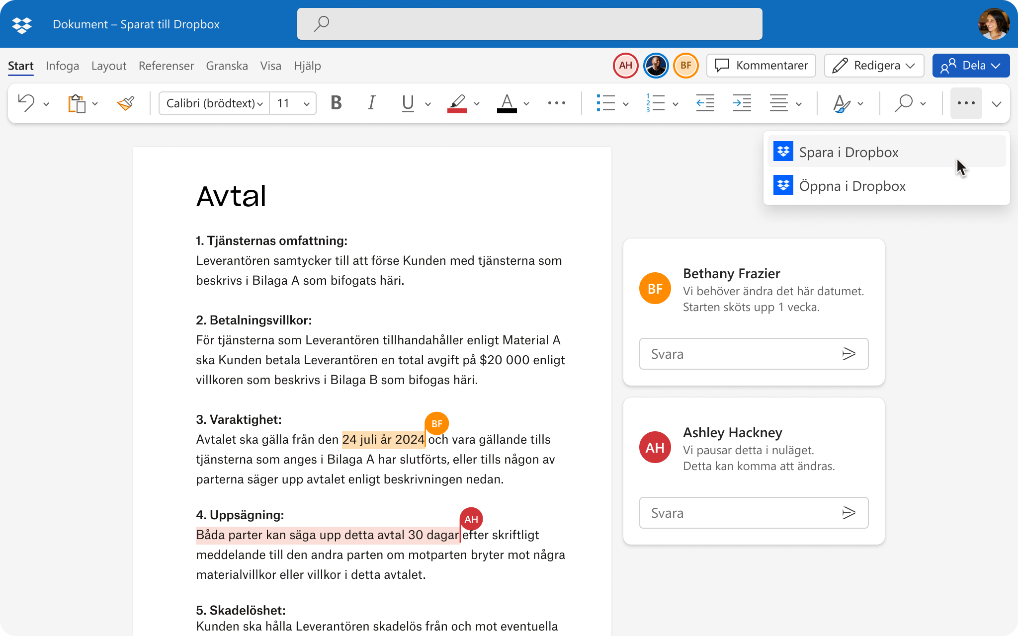 Användargränssnitt för dokument som redigeras av flera personer med möjlighet att spara ändringar i Dropbox