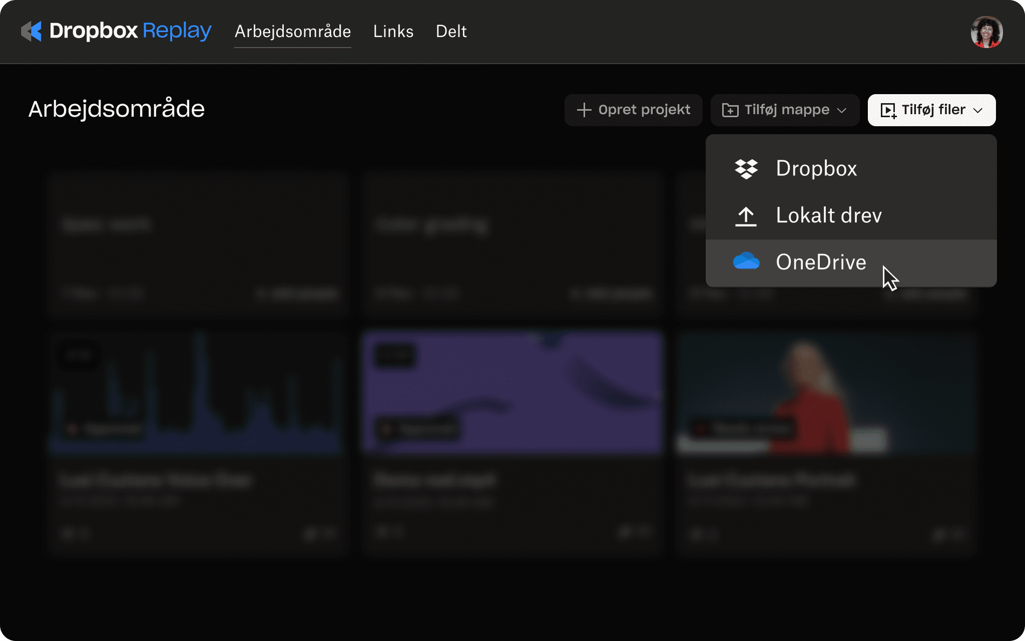 Brugergrænseflade for Replay med mulighed for at uploade projektet til OneDrive