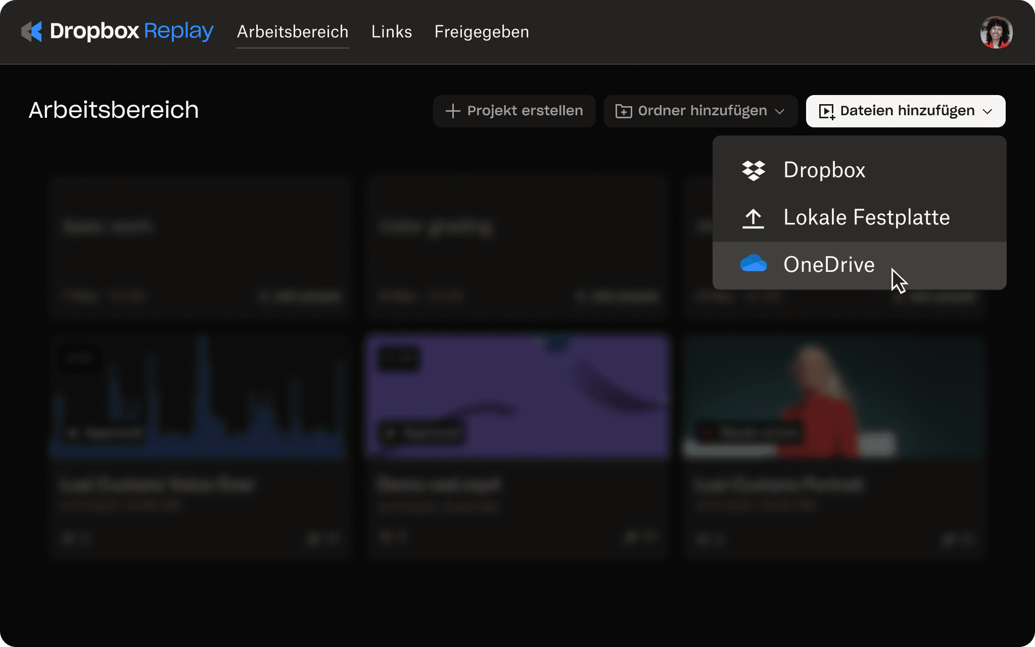 Benutzeroberfläche von Replay mit der Option, Projekte auf OneDrive hochzuladen