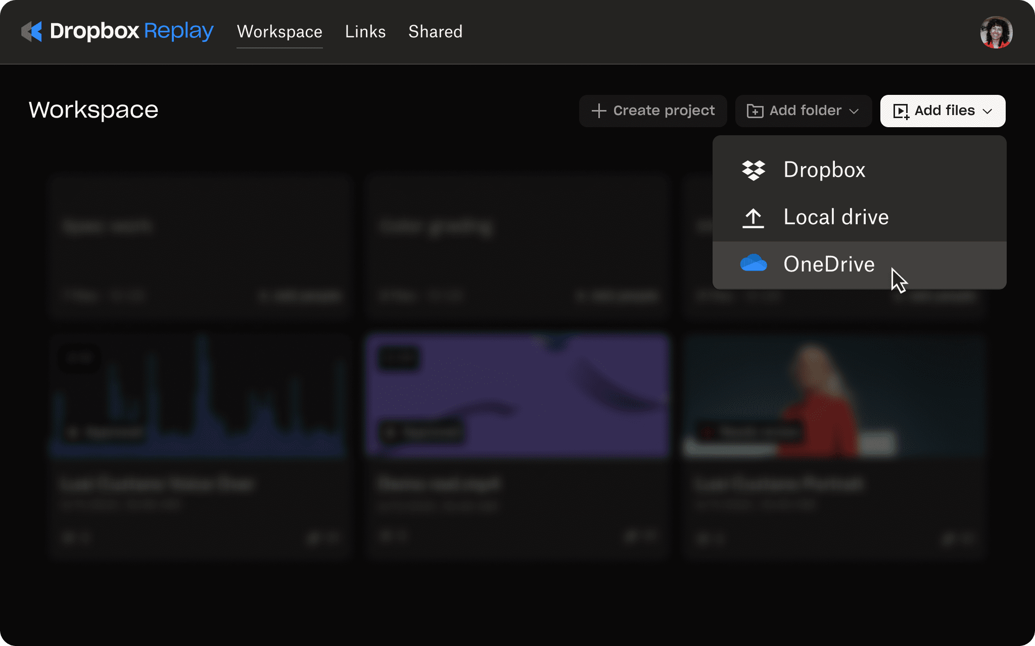 UI of Replay with option to upload project to OneDrive