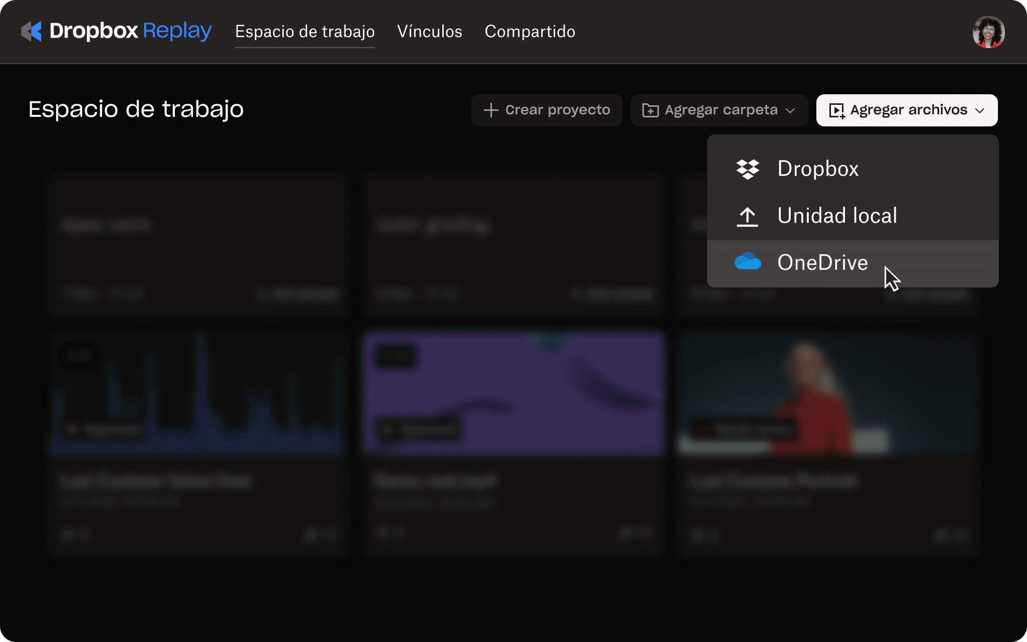 Interfaz de Replay con la opción para cargar proyectos a OneDrive