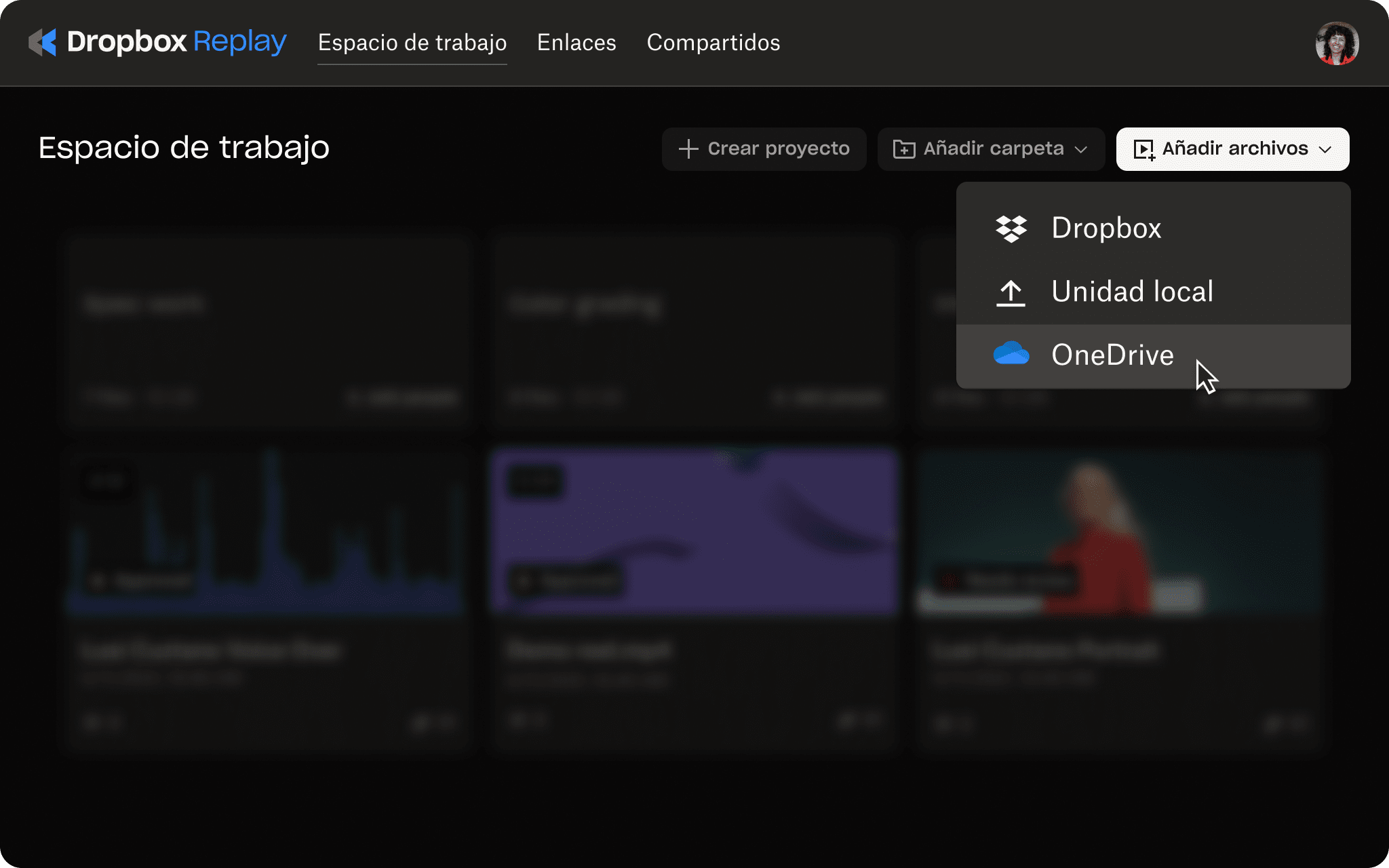 Interfaz de usuario de Replay con la opción de subir un proyecto a OneDrive