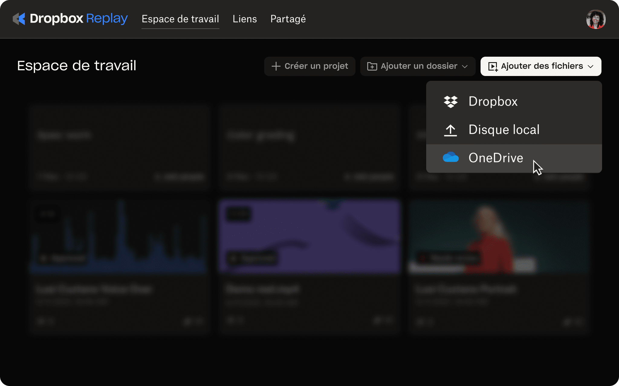 Interface utilisateur Replay avec l’option pour importer un projet dans OneDrive