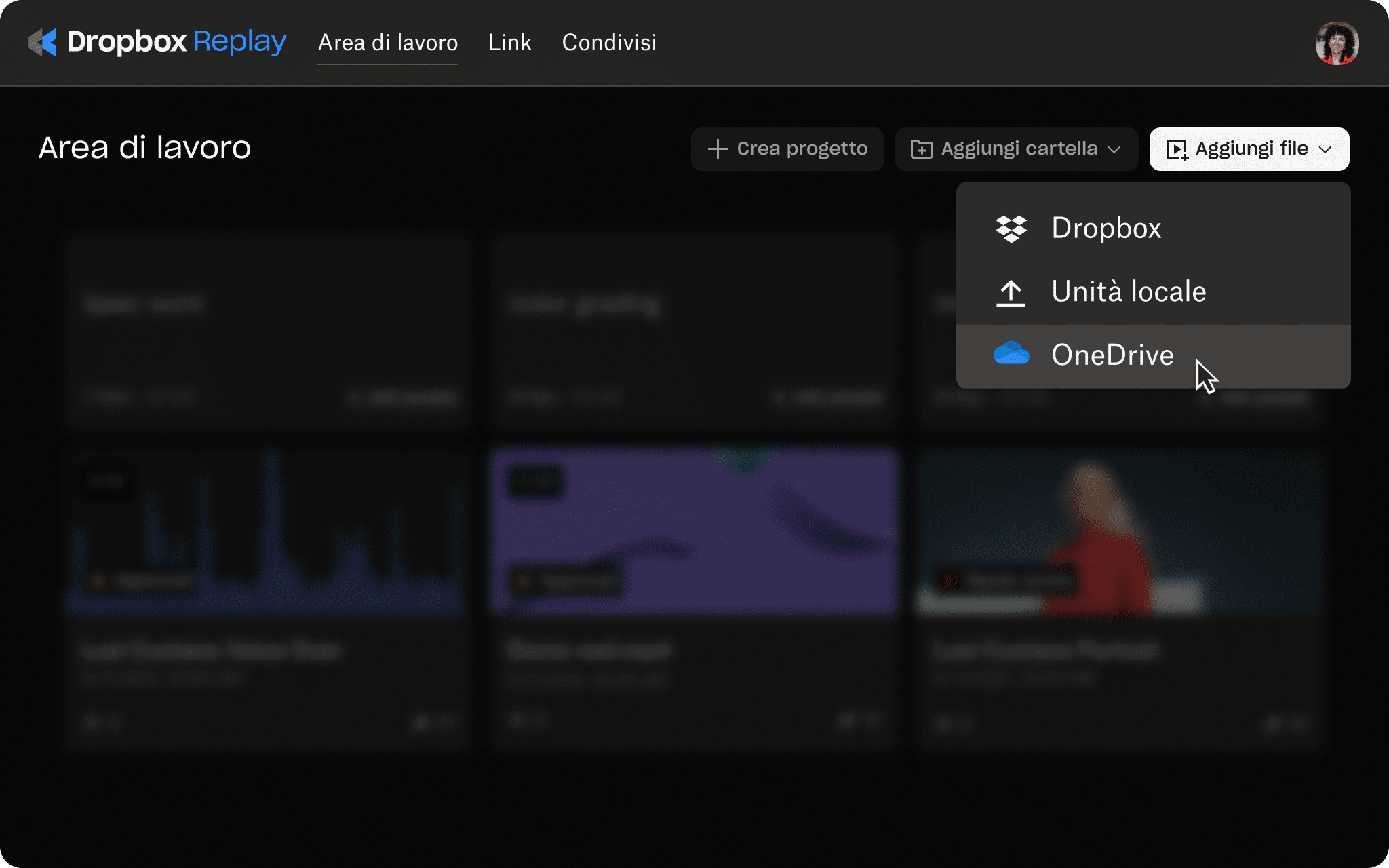 Interfaccia utente di Replay con l'opzione per caricare il progetto su OneDrive