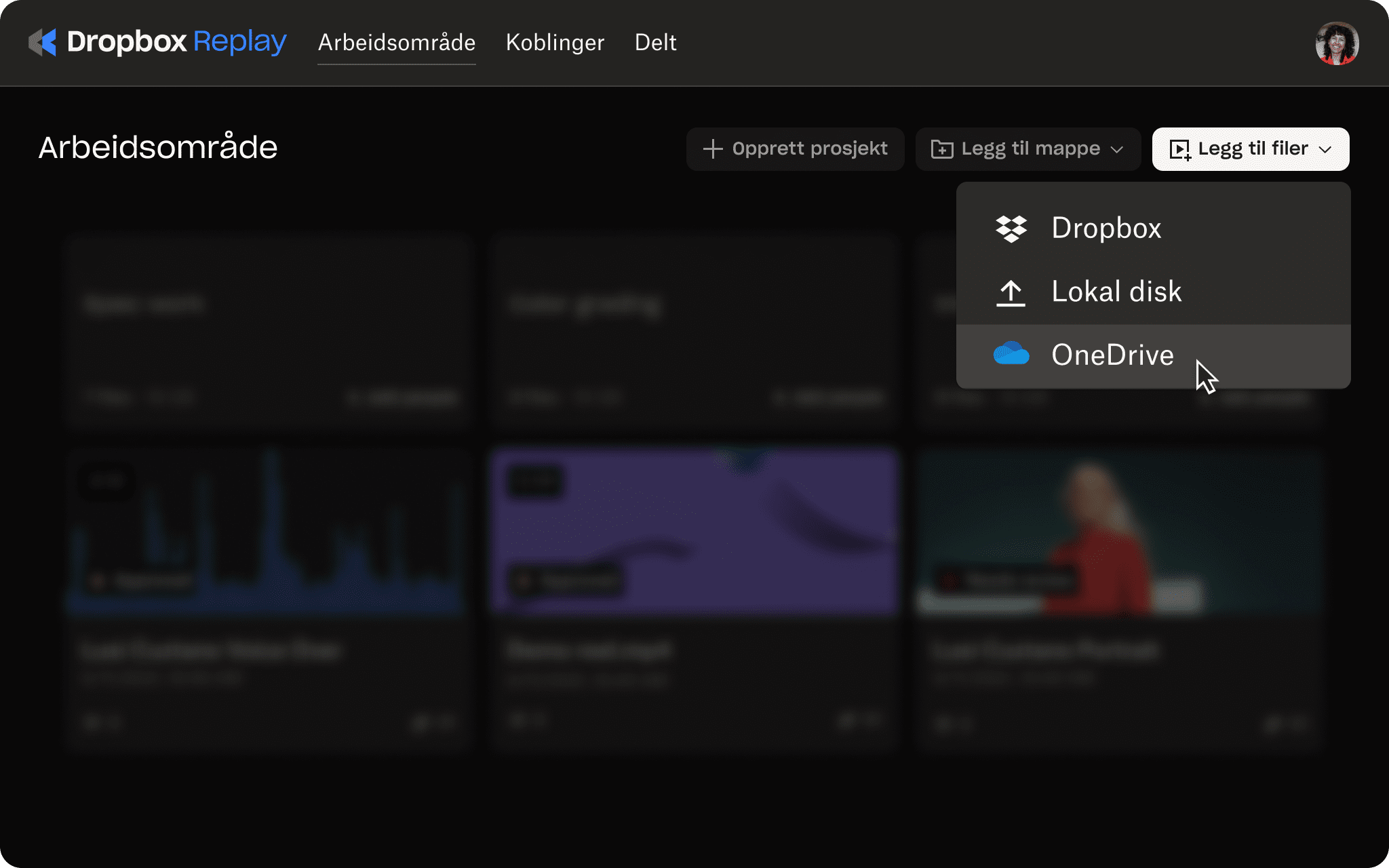 Brukergrensesnitt for Replay med alternativ om å laste opp et prosjekt til OneDrive