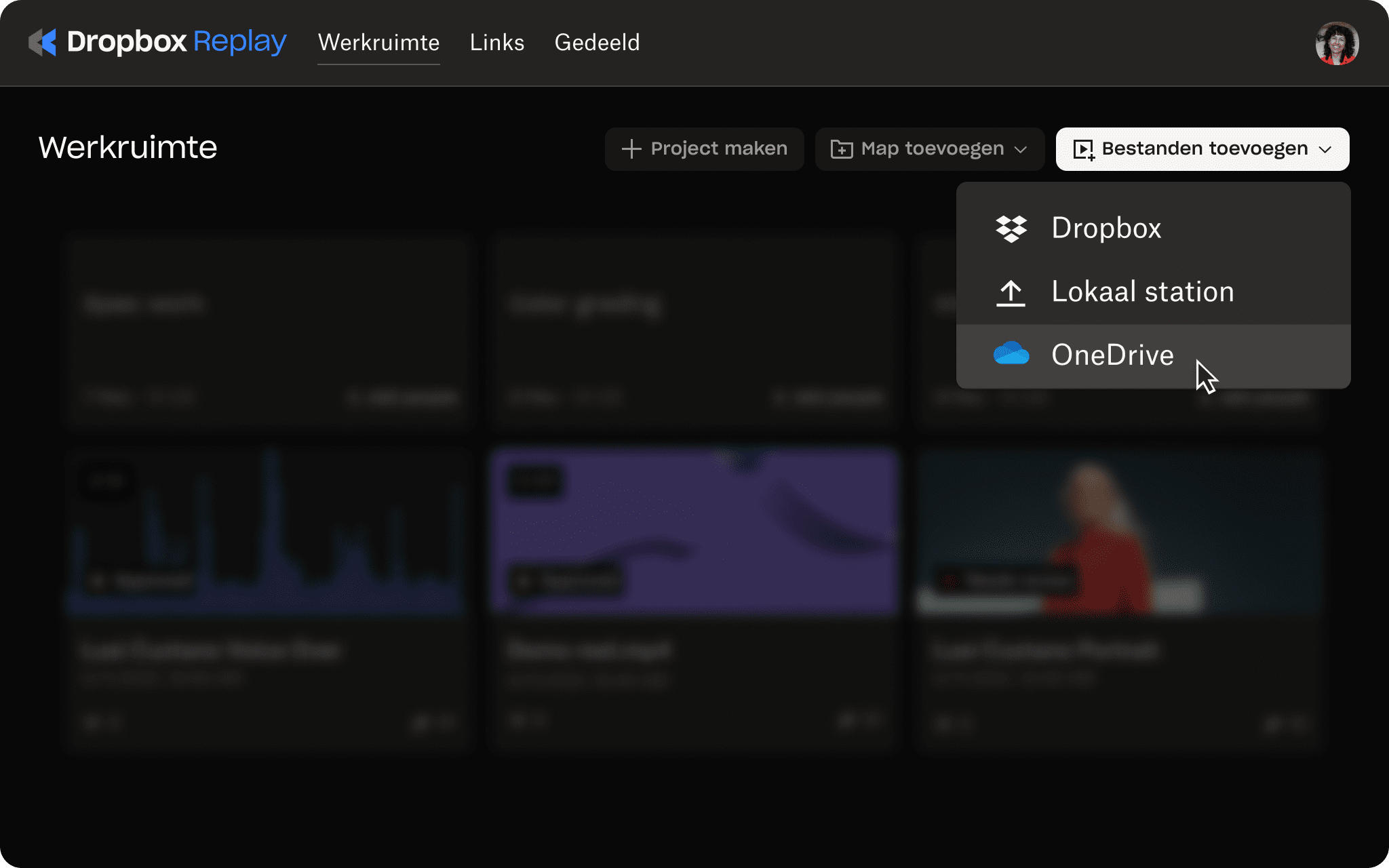 Gebruikersinterface van Replay met optie om projecten naar OneDrive te uploaden