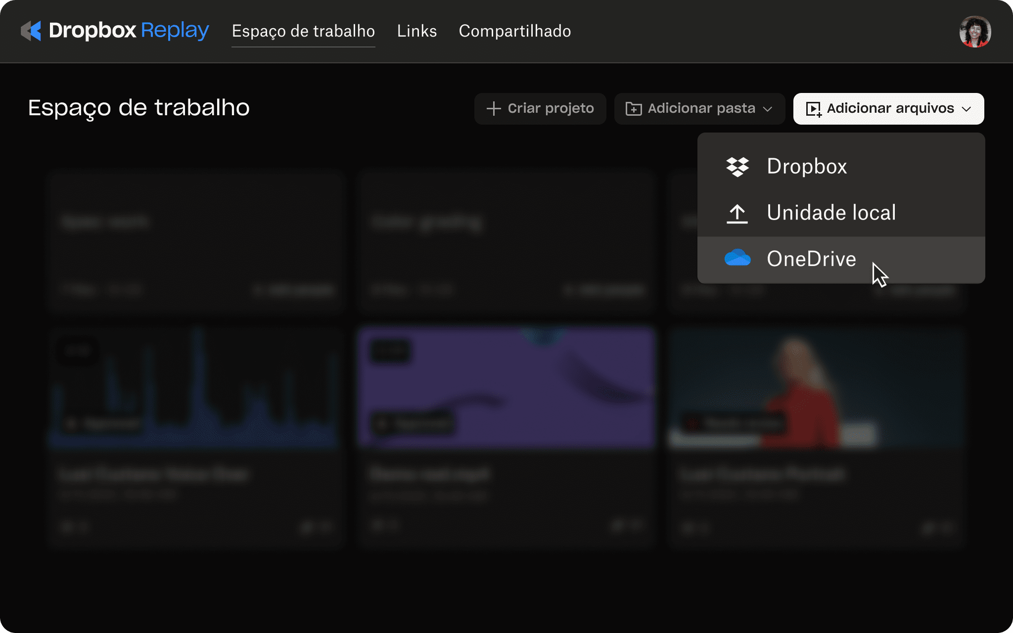 Interface do usuário do Replay com a opção de enviar o projeto para o OneDrive