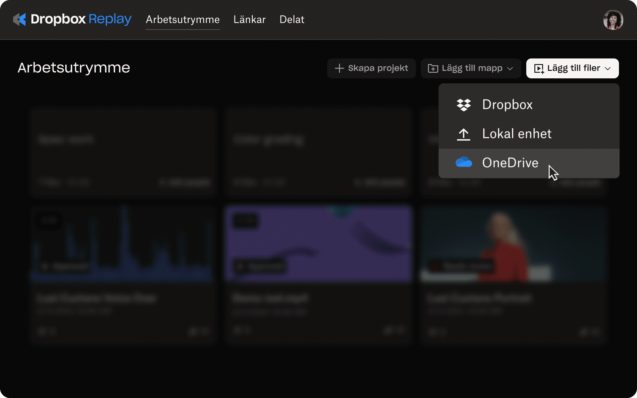 Användargränssnitt för Replay med möjlighet att ladda upp projekt till OneDrive