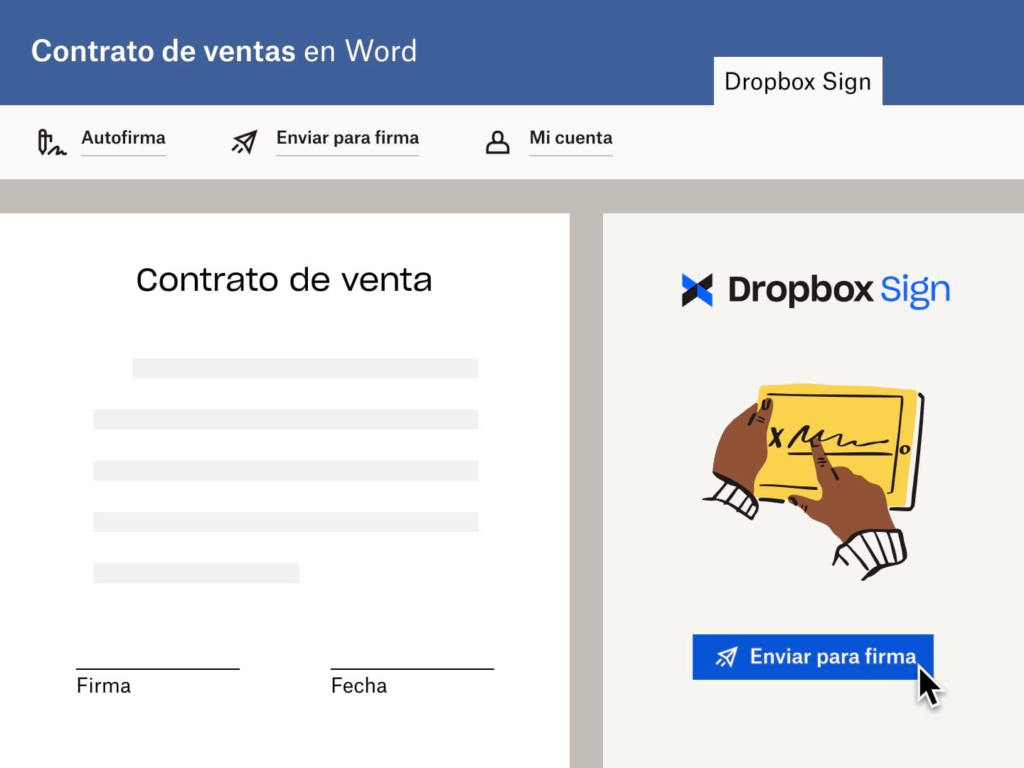 El usuario envía un contrato de ventas en Microsoft Word con una solicitud de firma electrónica de Dropbox Sign