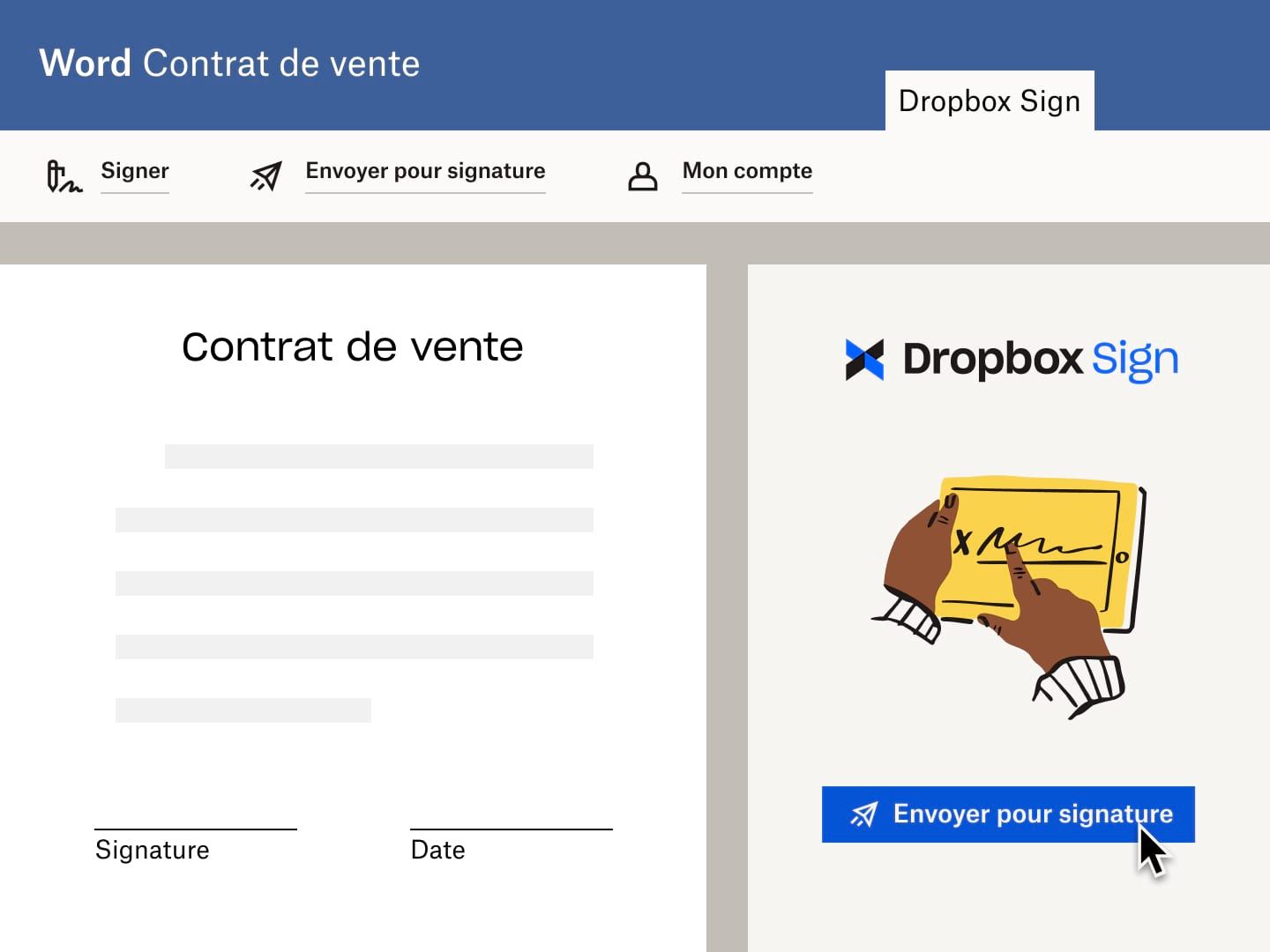 Utilisateur envoyant un contrat de vente dans Microsoft Word avec une demande de signature électronique Dropbox Sign