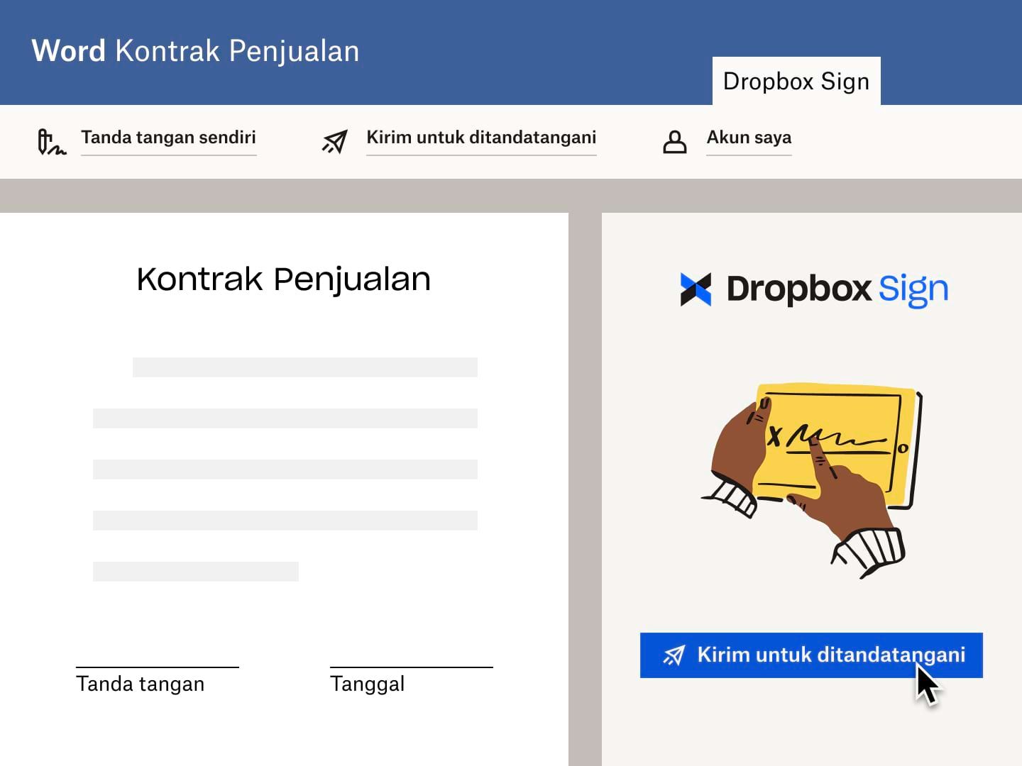 Pengguna mengirimkan kontrak penjualan di Microsoft Word dengan permintaan tanda tangan elektronik Dropbox Sign