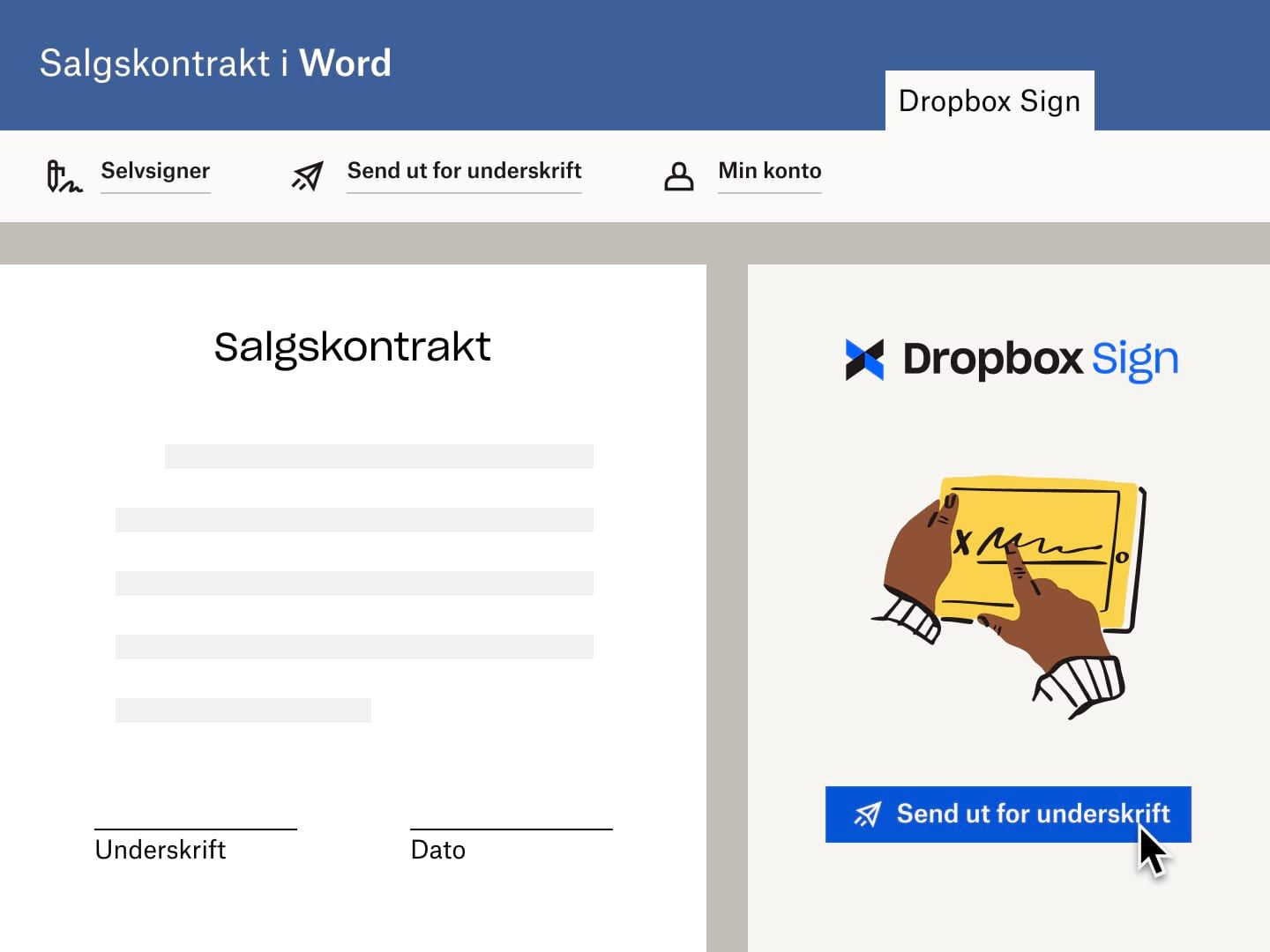 En bruker sender en salgskontrakt i Microsoft Word med en forespørsel om e-signatur fra Dropbox Sign