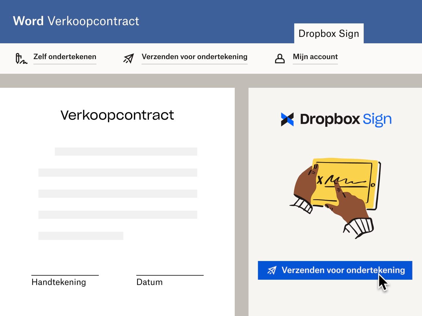 Een gebruiker verzendt een verkoopcontract in Microsoft Word met een handtekeningaanvraag van Dropbox Sign