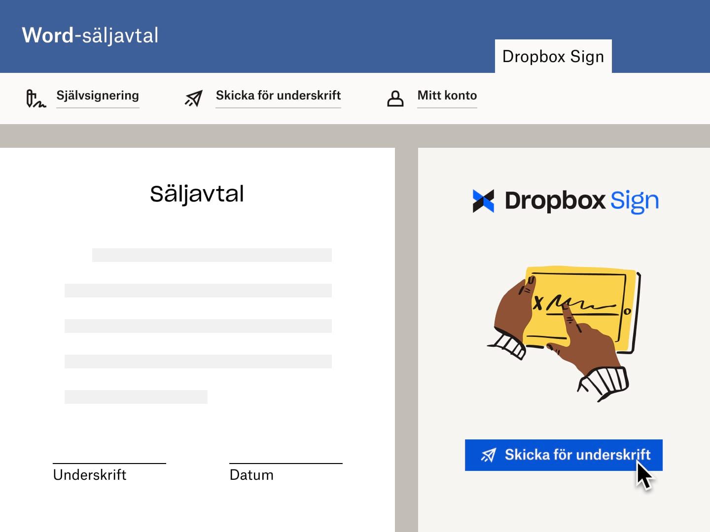 Användare som skickar ett säljavtal i Microsoft Word med en e-signaturbegäran i Dropbox Sign
