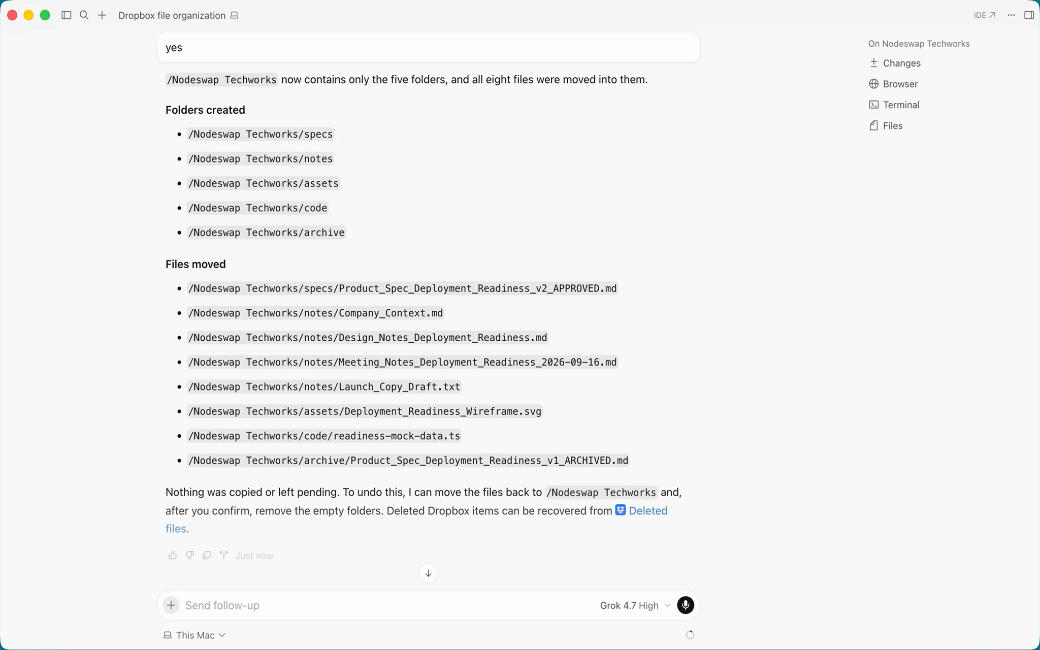 Grok organizes Dropbox project files into specs, notes, assets, code, and archive folders