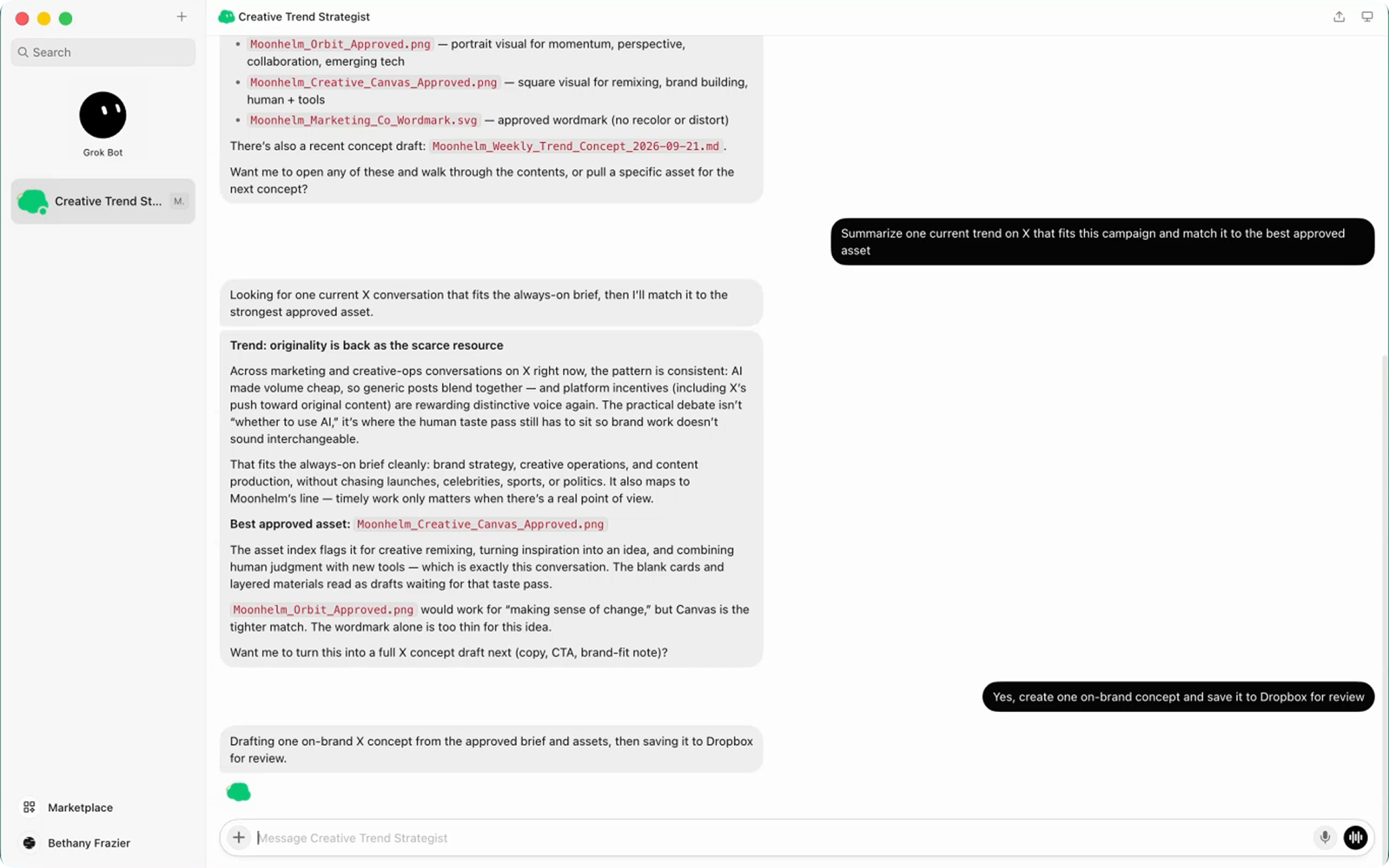 Grok uses Dropbox assets to develop an on-brand campaign concept and save it to Dropbox for review