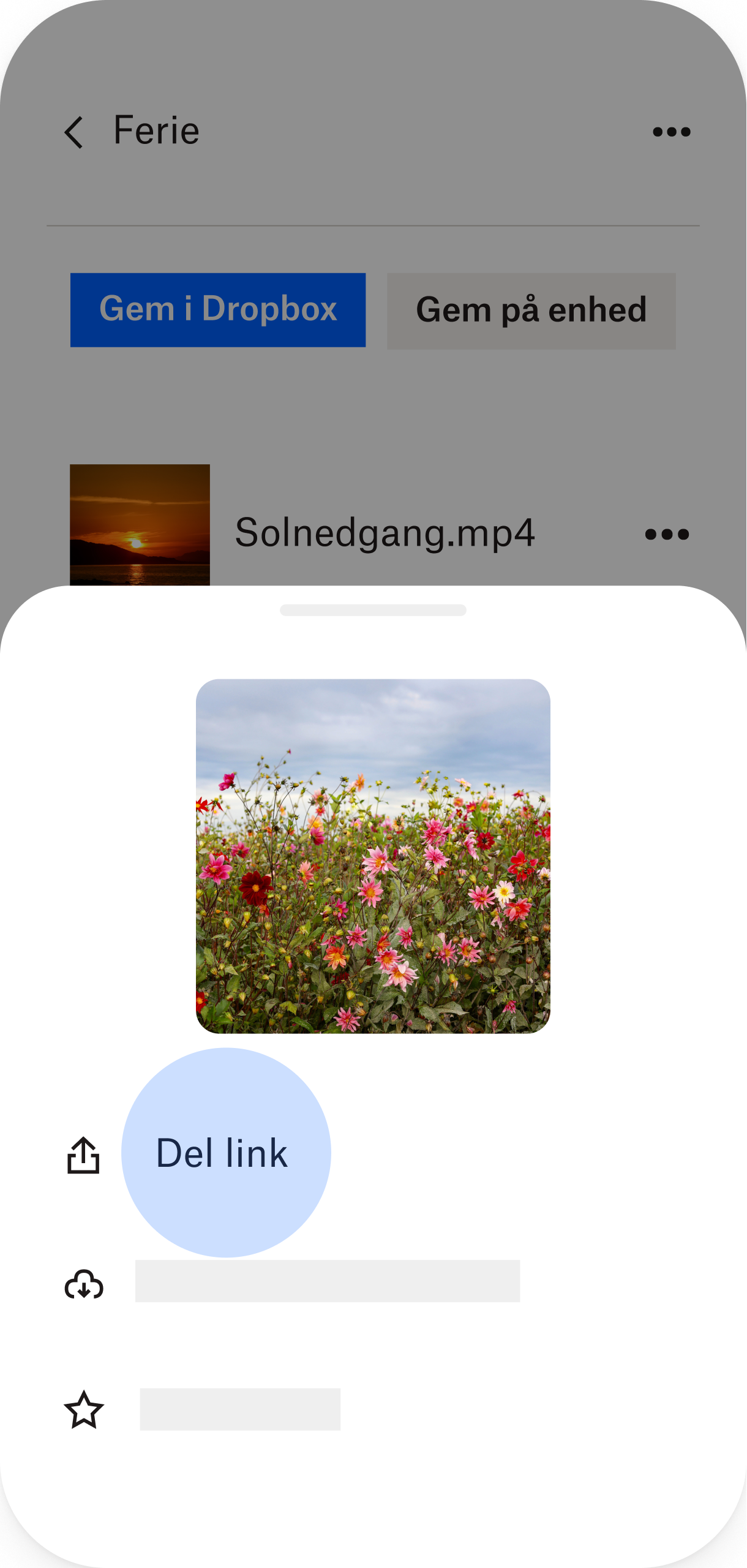Telefonskærm med delelink fremhævet