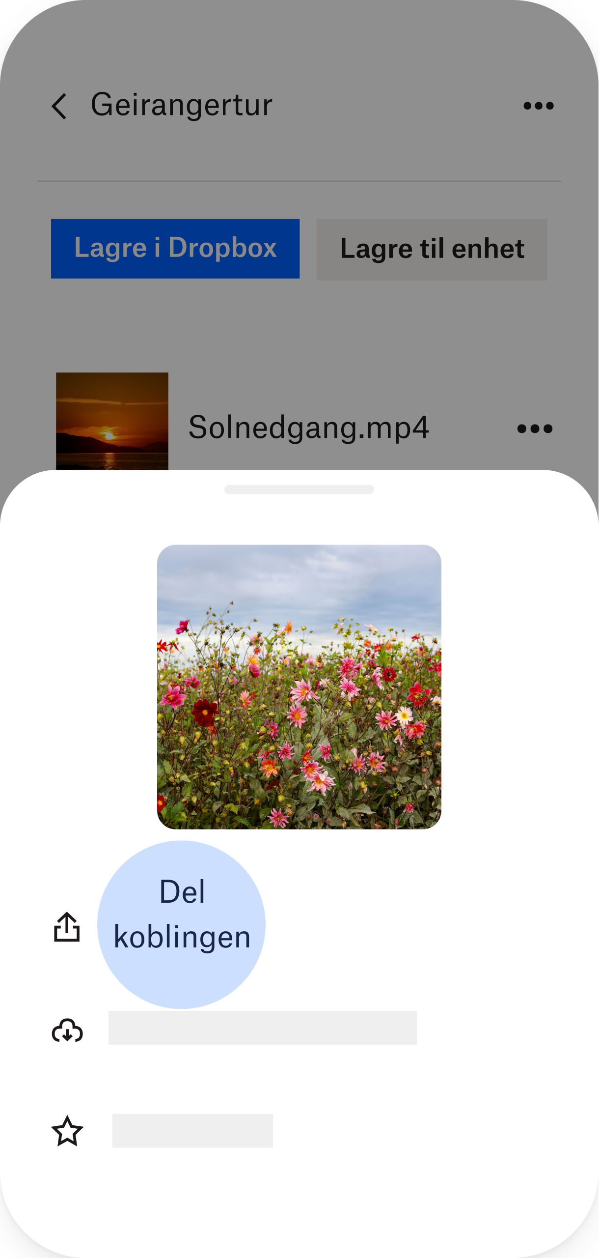 En telefonskjerm hvor å dele en kobling er uthevet
