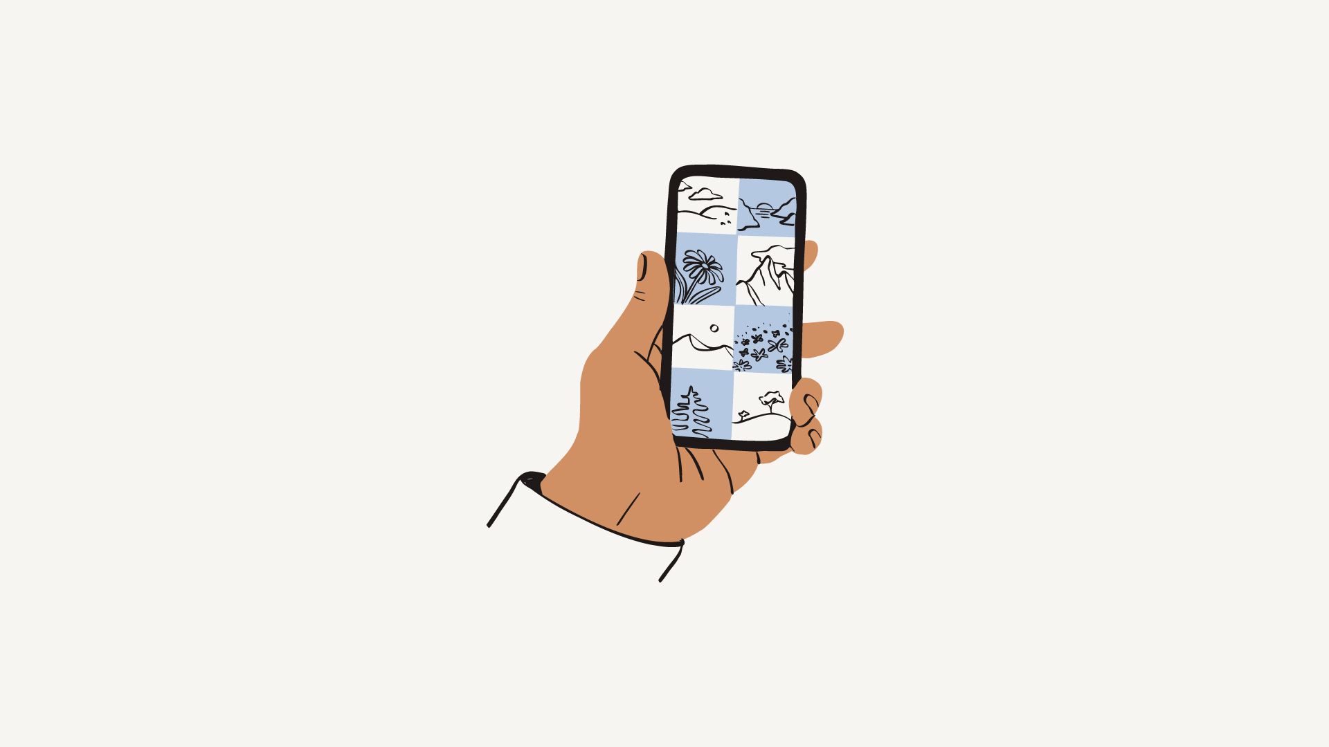 Hand som håller en mobiltelefon med naturfoton