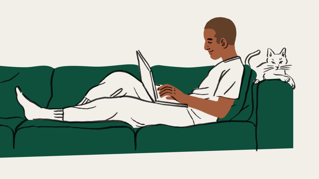 An illustration of a person sitting on a couch with a laptop and a cat