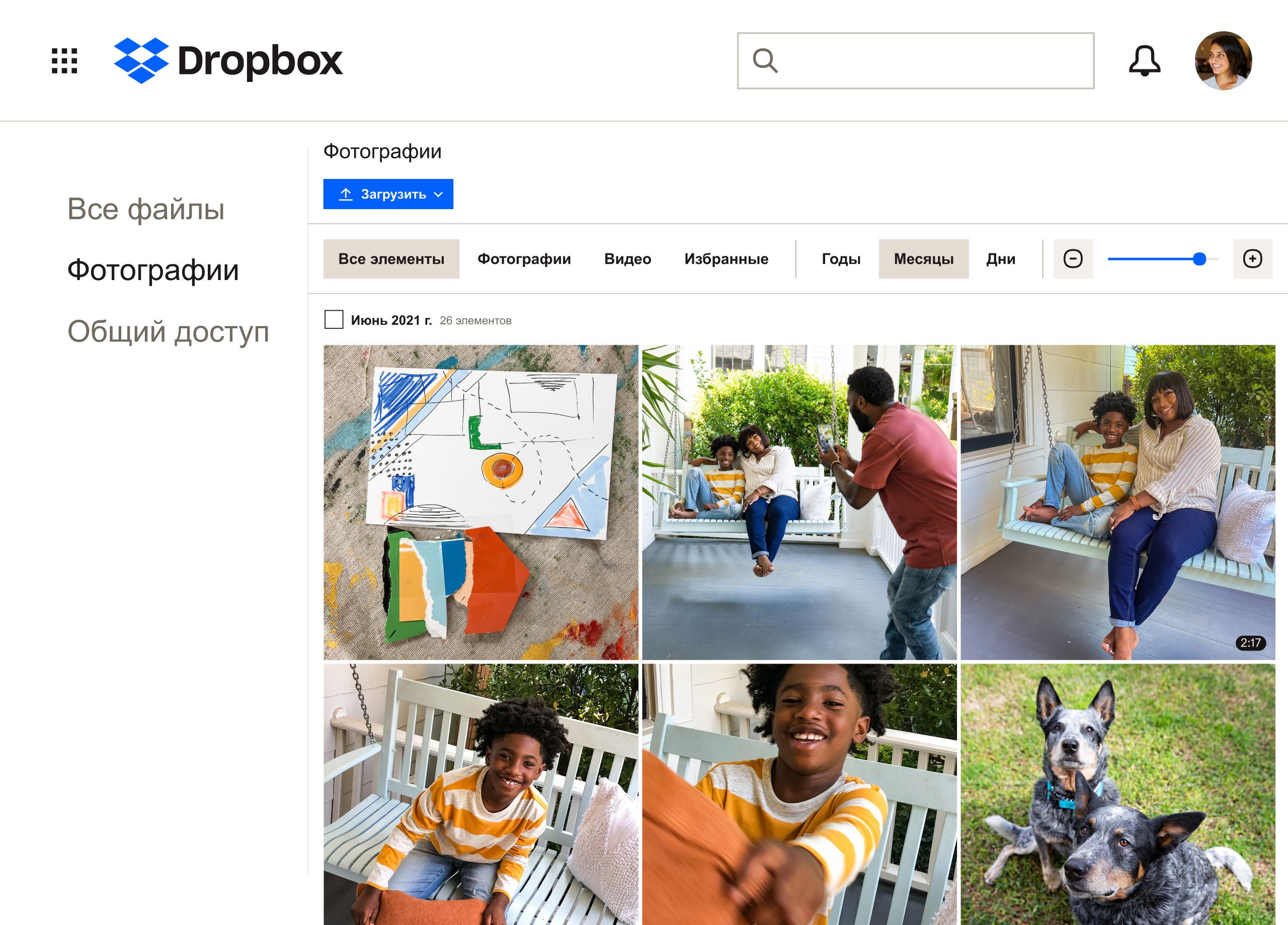 Коллекция изображений семьи и их собак, которая сохраняется в папке Dropbox