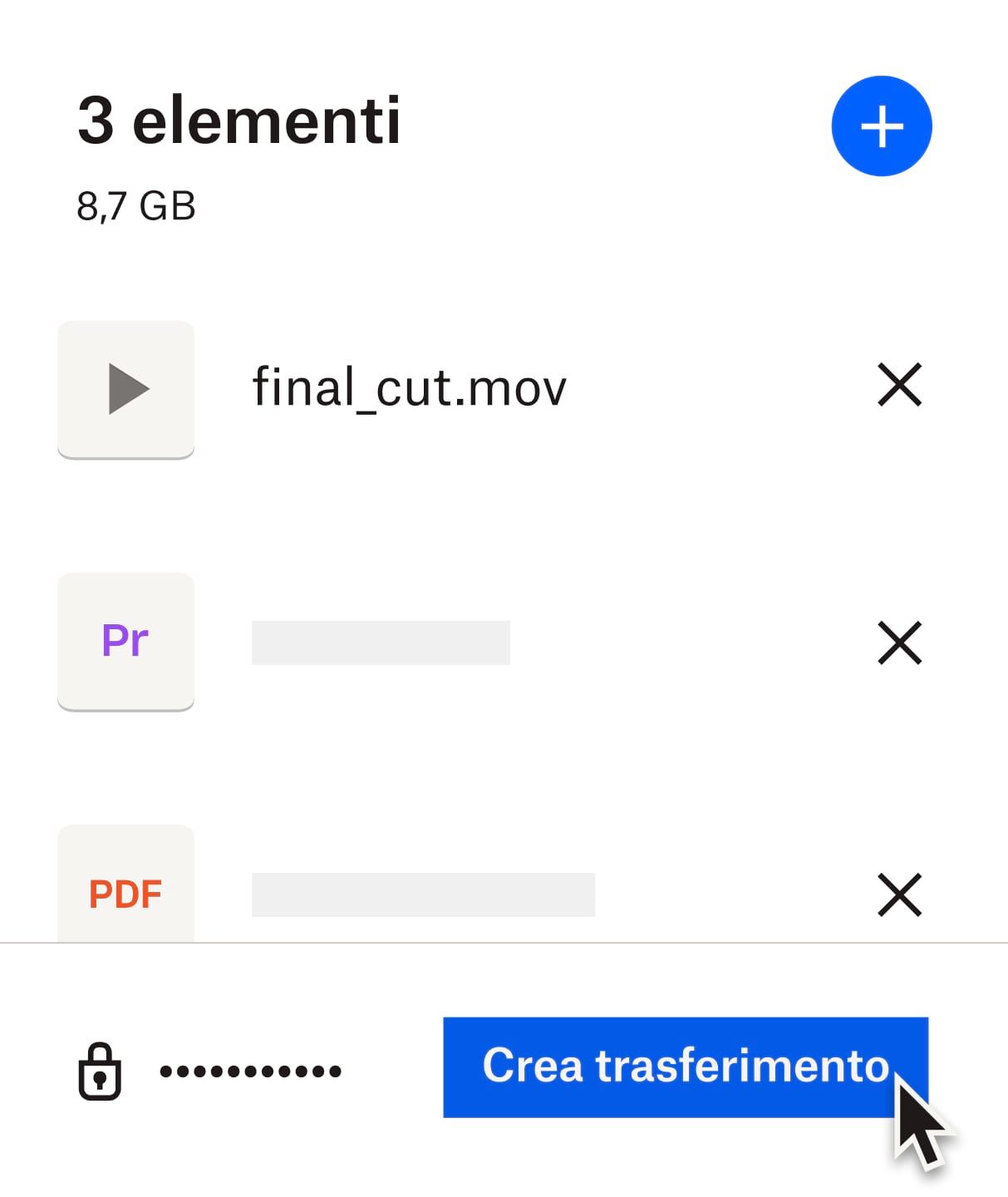 Un utente mentre invia un file video protetto da password con Dropbox Transfer