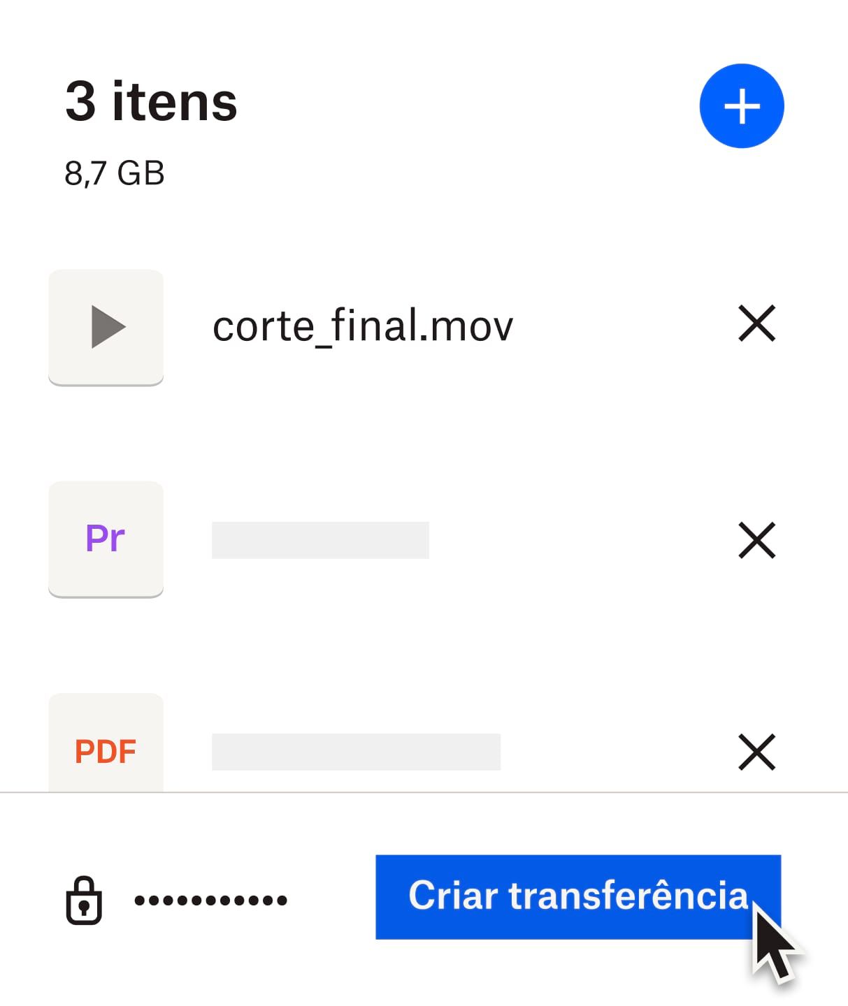 Um usuário enviando um arquivo de vídeo protegido por senha com o Dropbox Transfer