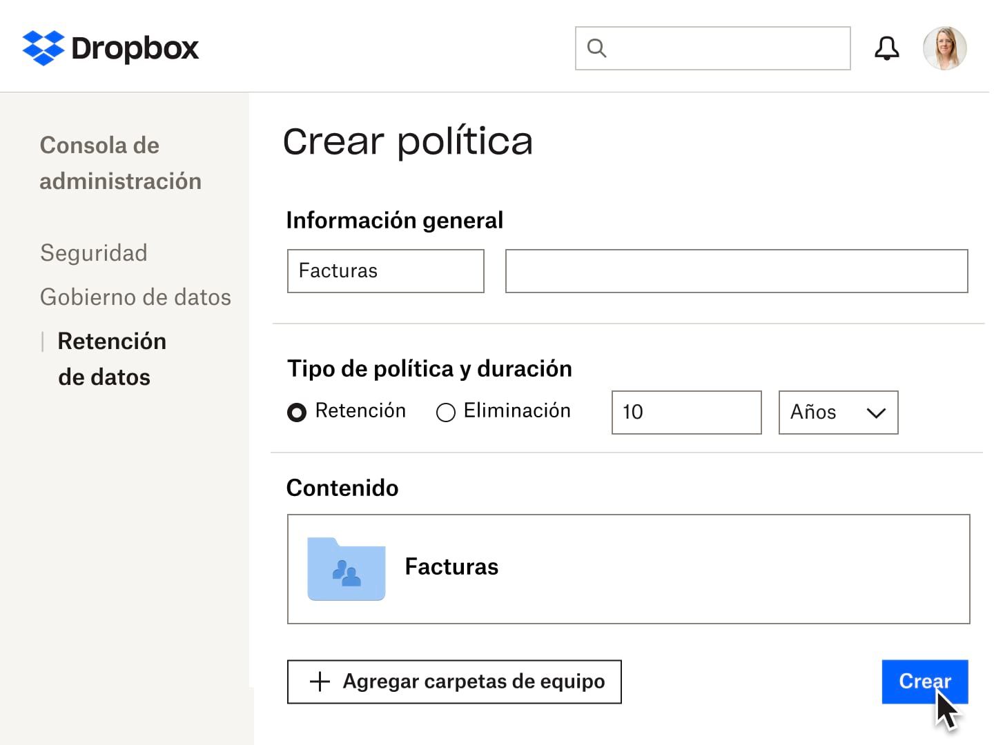 Campos del formulario para crear una política de retención de datos en Dropbox
